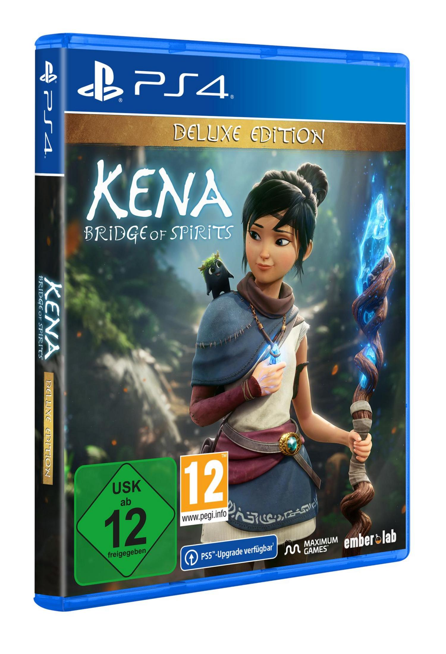Boîte de jeu PS4, Kena: Bridge of Spirits, avec un personnage féminin et une créature.