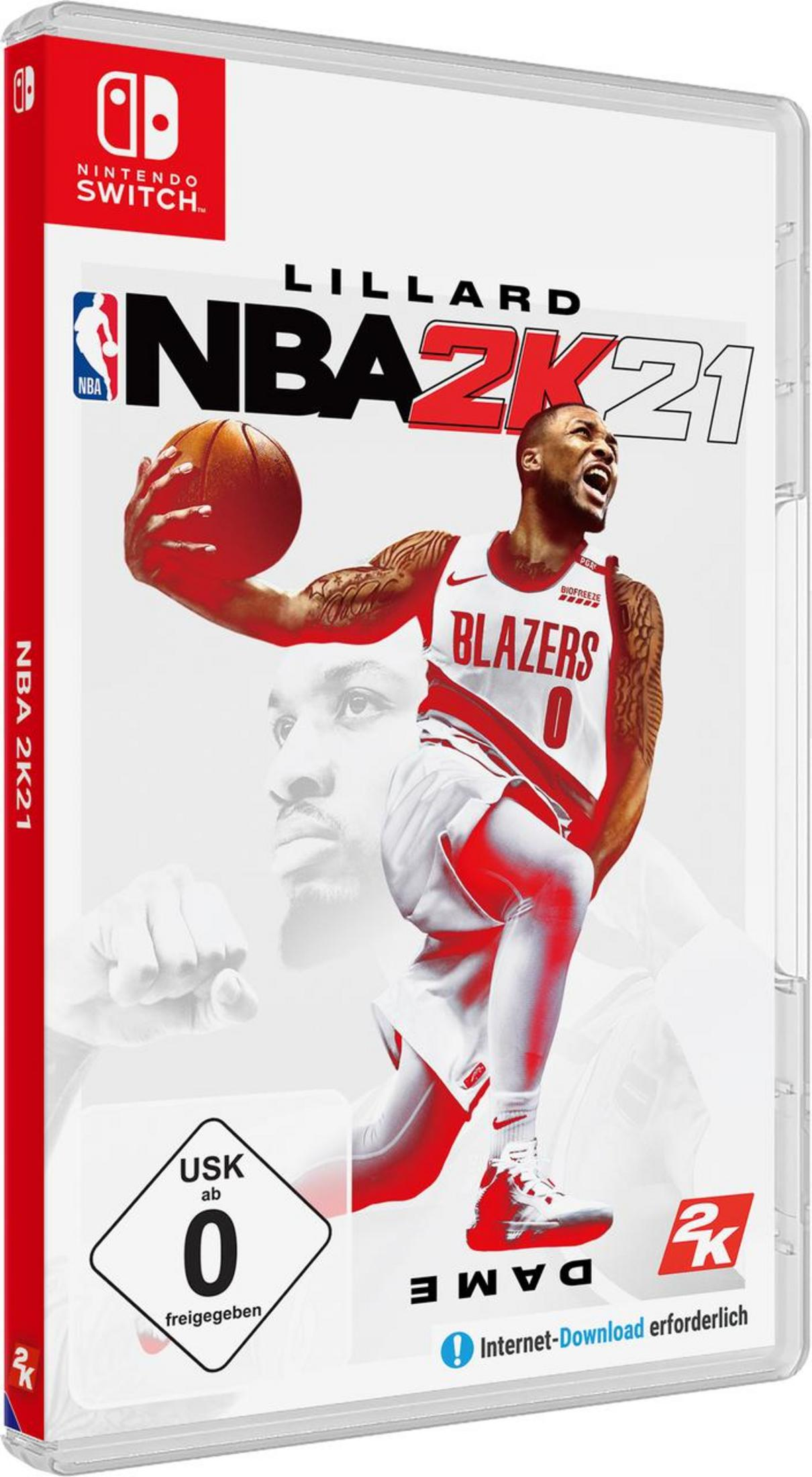 Nintendo Switch-Spielverpackung für 'NBA 2K21' mit Damian Lillard auf dem Cover.