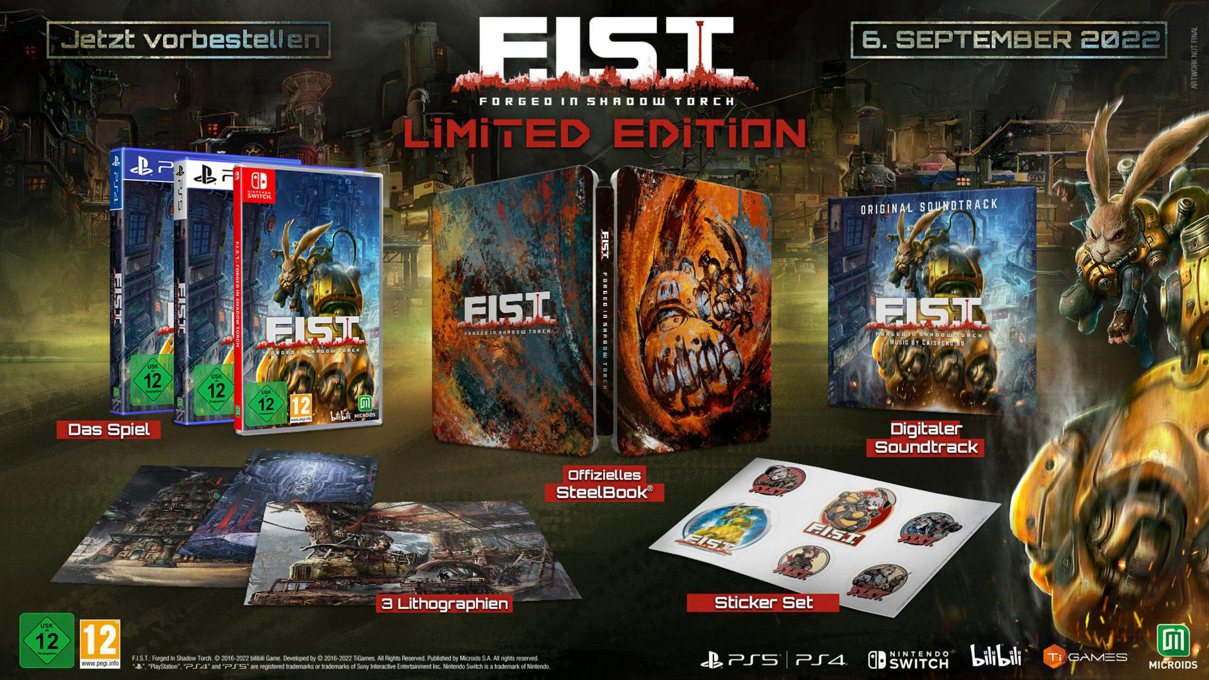 FIST: Forged in Shadow Torch Limited Edition Spielverpackung, mit Spielhüllen und Sammlerstücken.