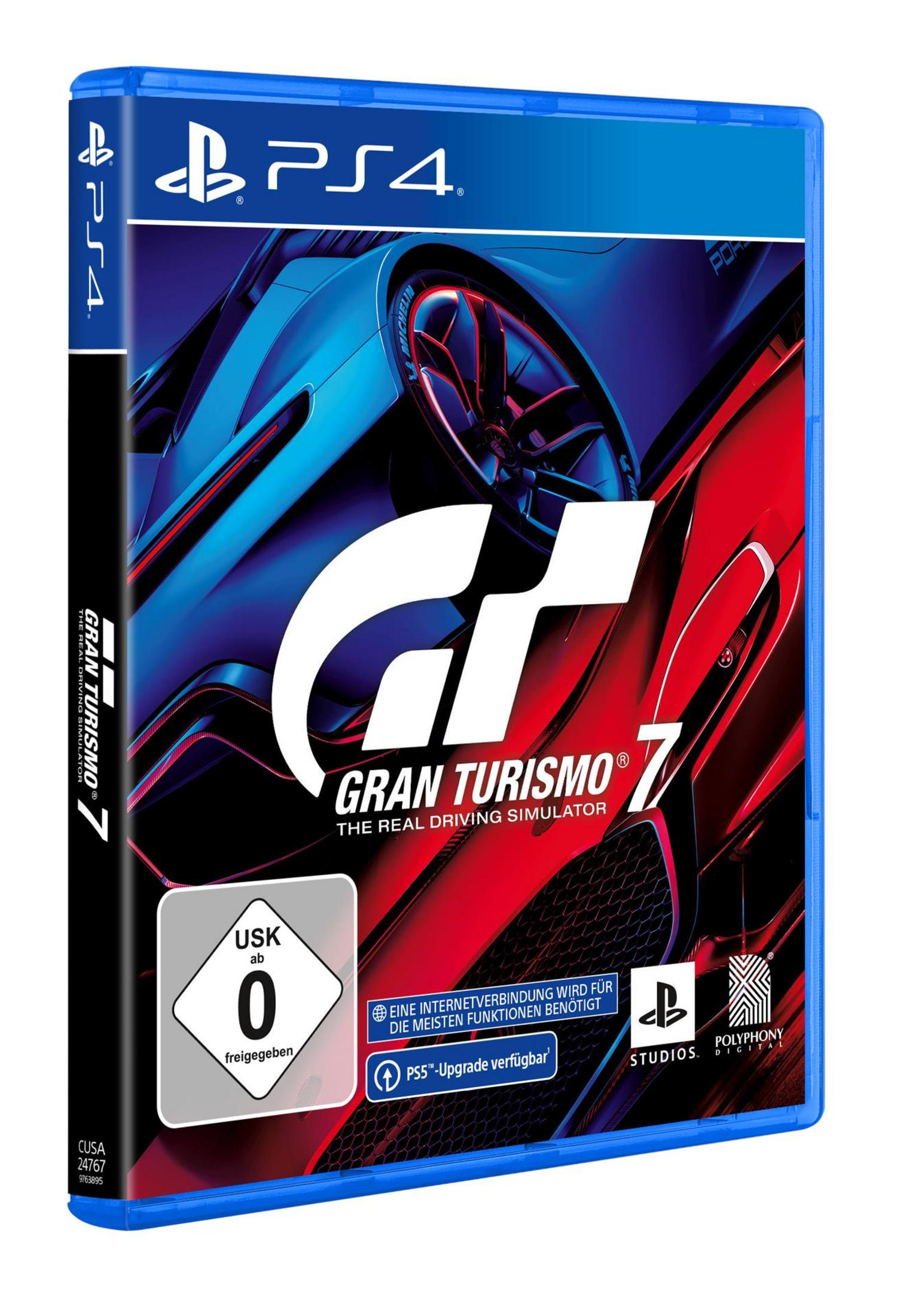 Una caja azul del juego PS4 con la carátula de Gran Turismo 7. La caja tiene un fondo azul.