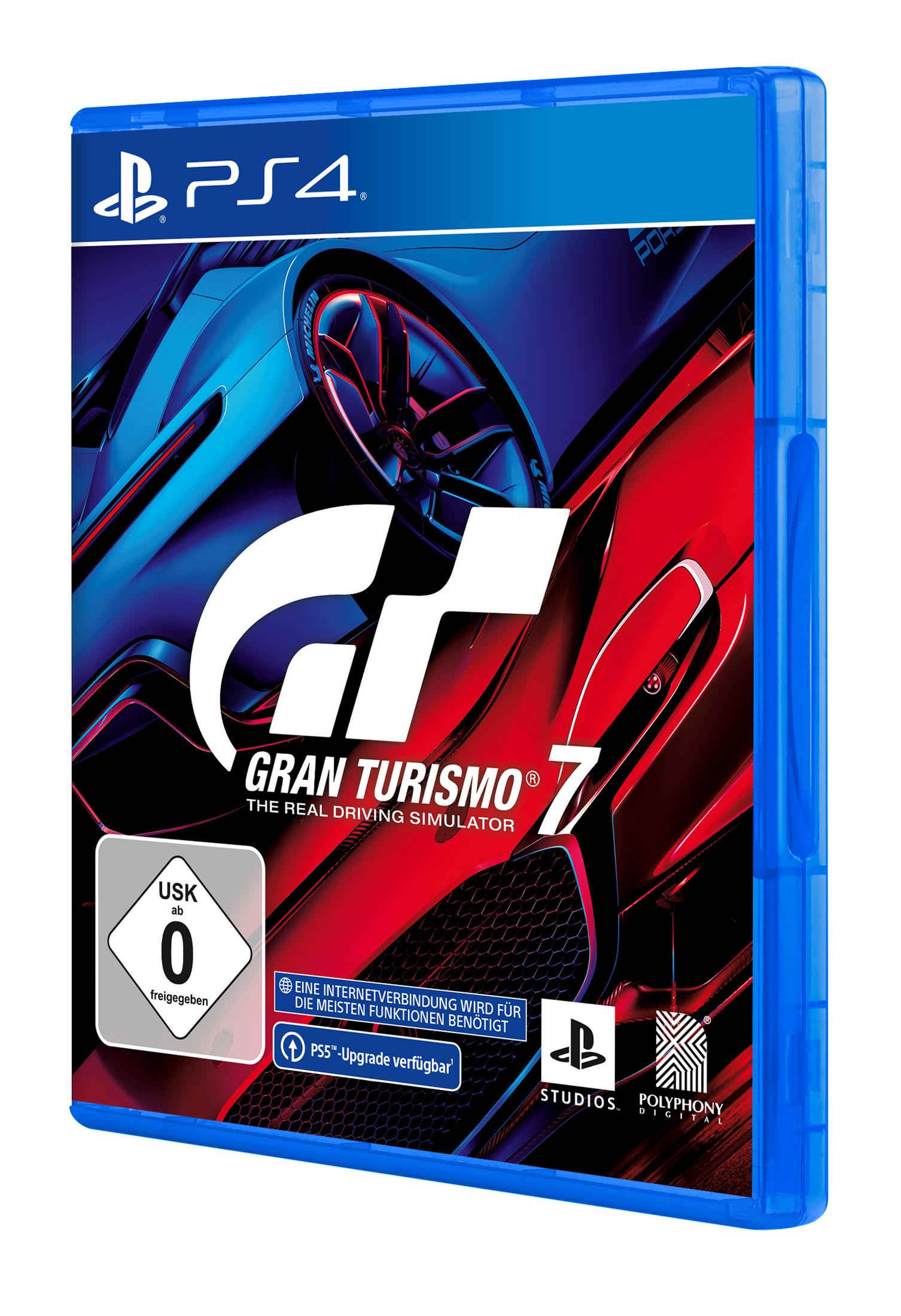 Caja de juego de PS4 con la carátula de Gran Turismo 7, con un coche rojo y un fondo azul.