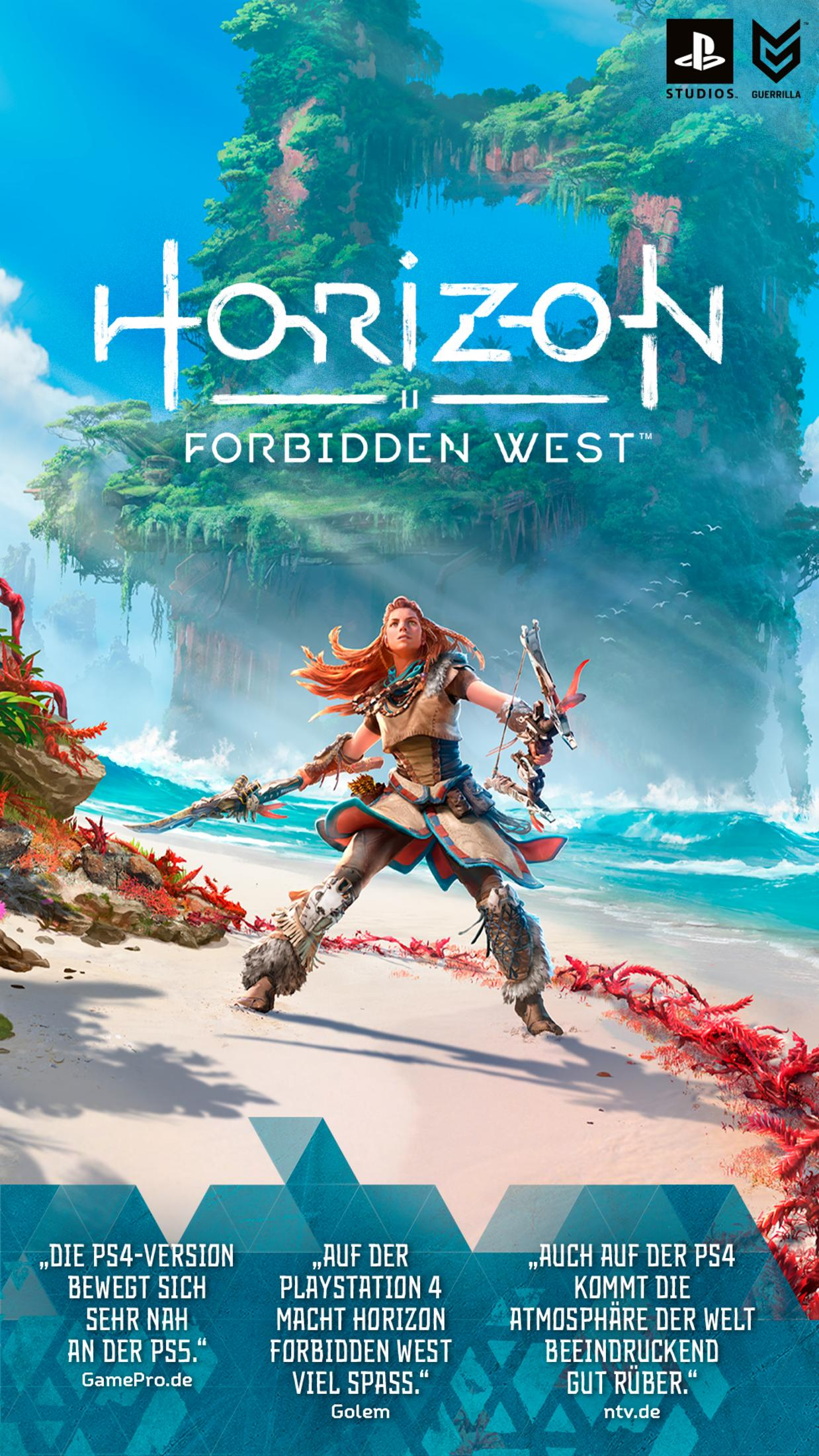 Horizon Forbidden West Spiel-Cover, mit weiblicher Figur mit Waffe am Strand. Blaue und grüne Farbtöne.