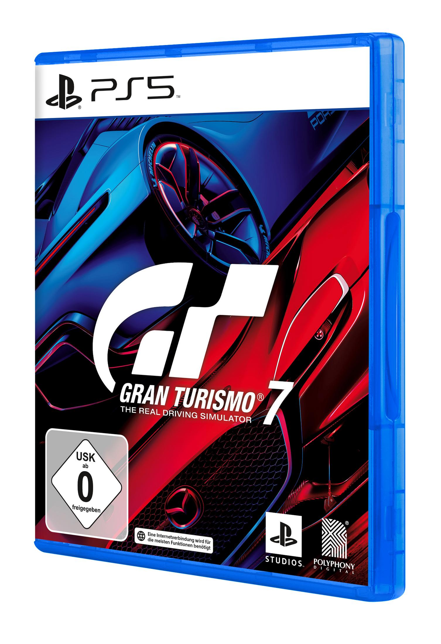 Pudełko z grą Gran Turismo 7 PS5. Okładka przedstawia samochód wyścigowy na torze w kolorach czerwonym i niebieskim.