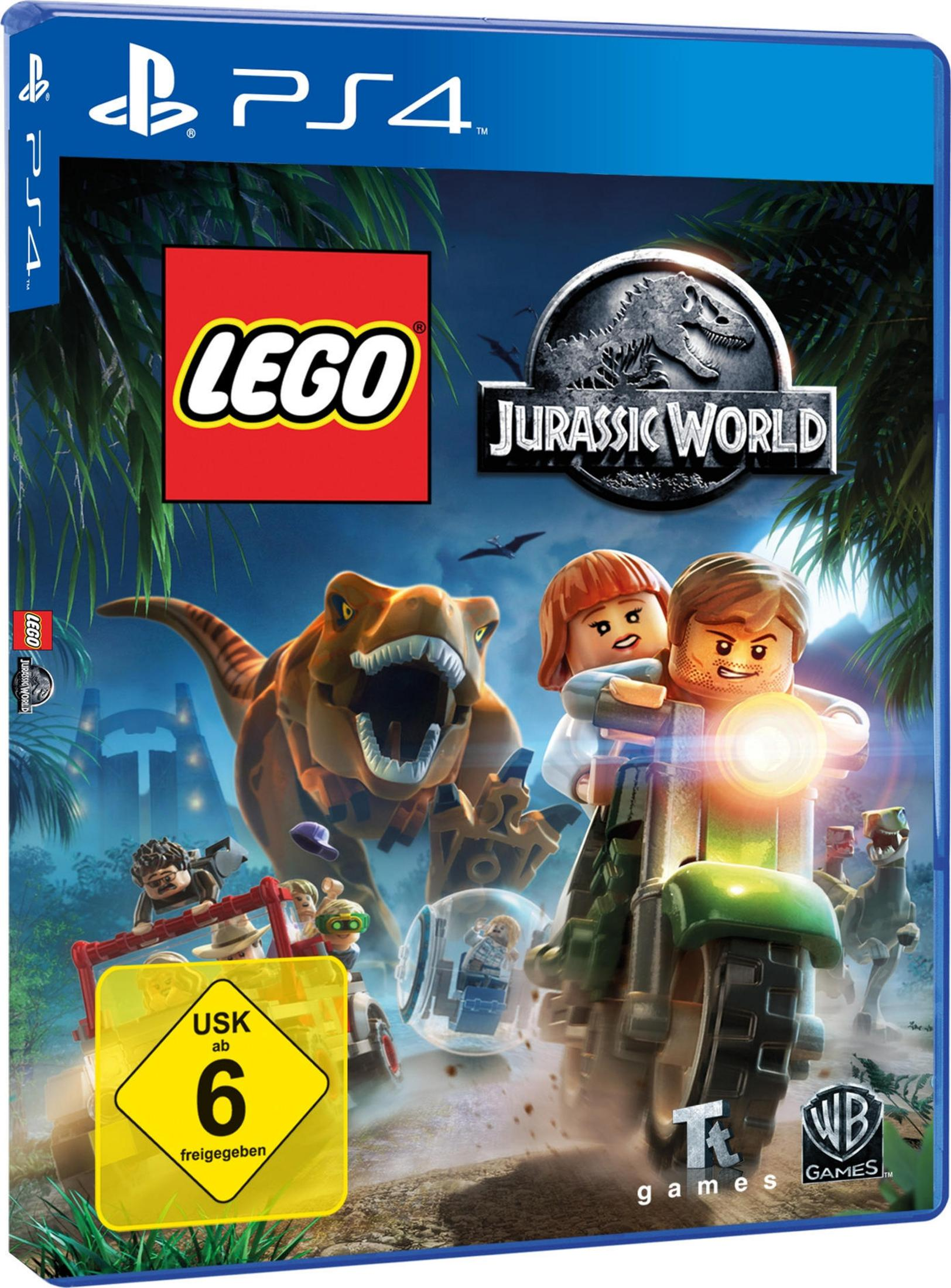 LEGO Jurassic World Spielbox. Ein T-Rex jagt ein Motorrad mit Lego-Figuren.