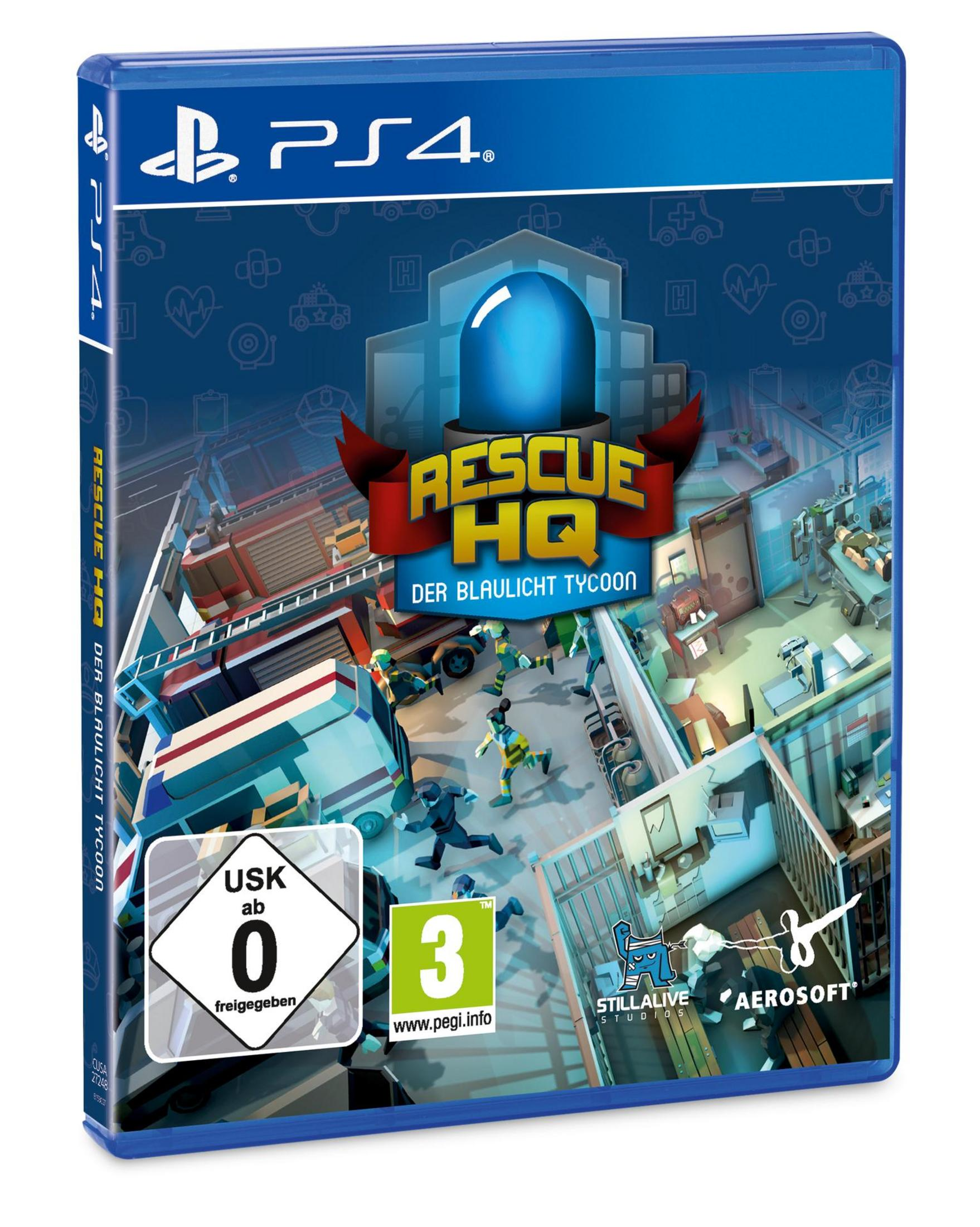 Rescue HQ Spielcover. Draufsicht eines Gebäudes mit rennenden Figuren und einem Krankenwagen.