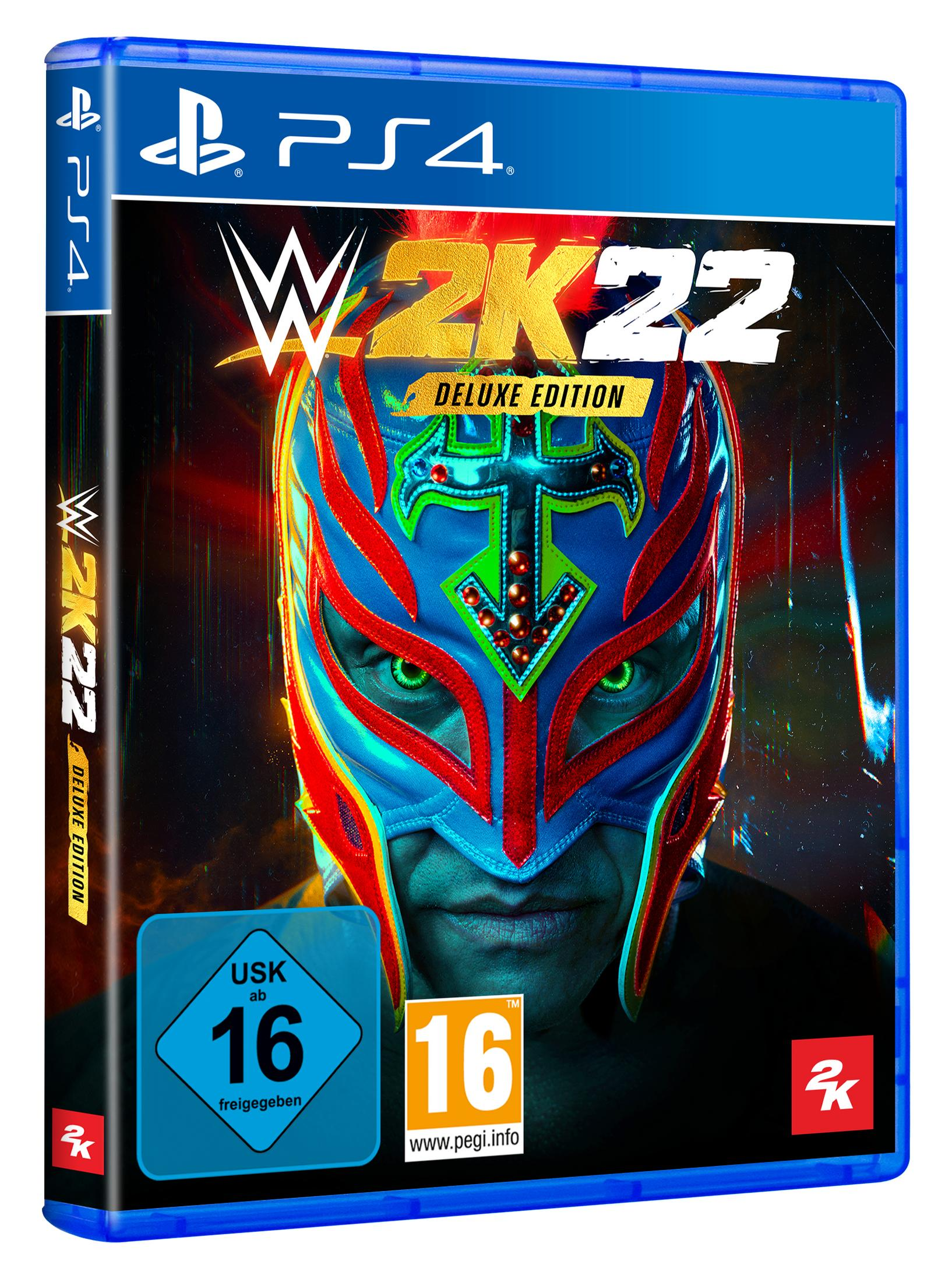 Das Spielcover von WWE 2K22 Deluxe Edition für PS4. Ein Wrestler mit Maske.