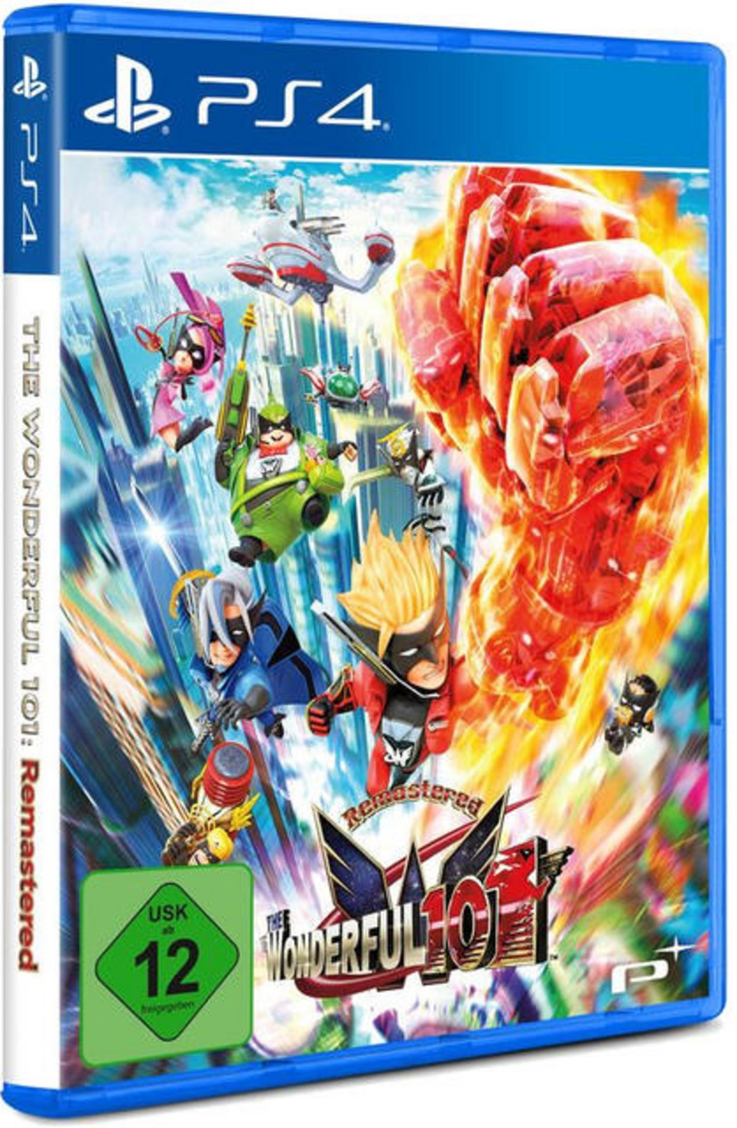 The Wonderful 101: Remastered Spielbox, PS4, mit Cartoon-Charakteren in Aktion.
