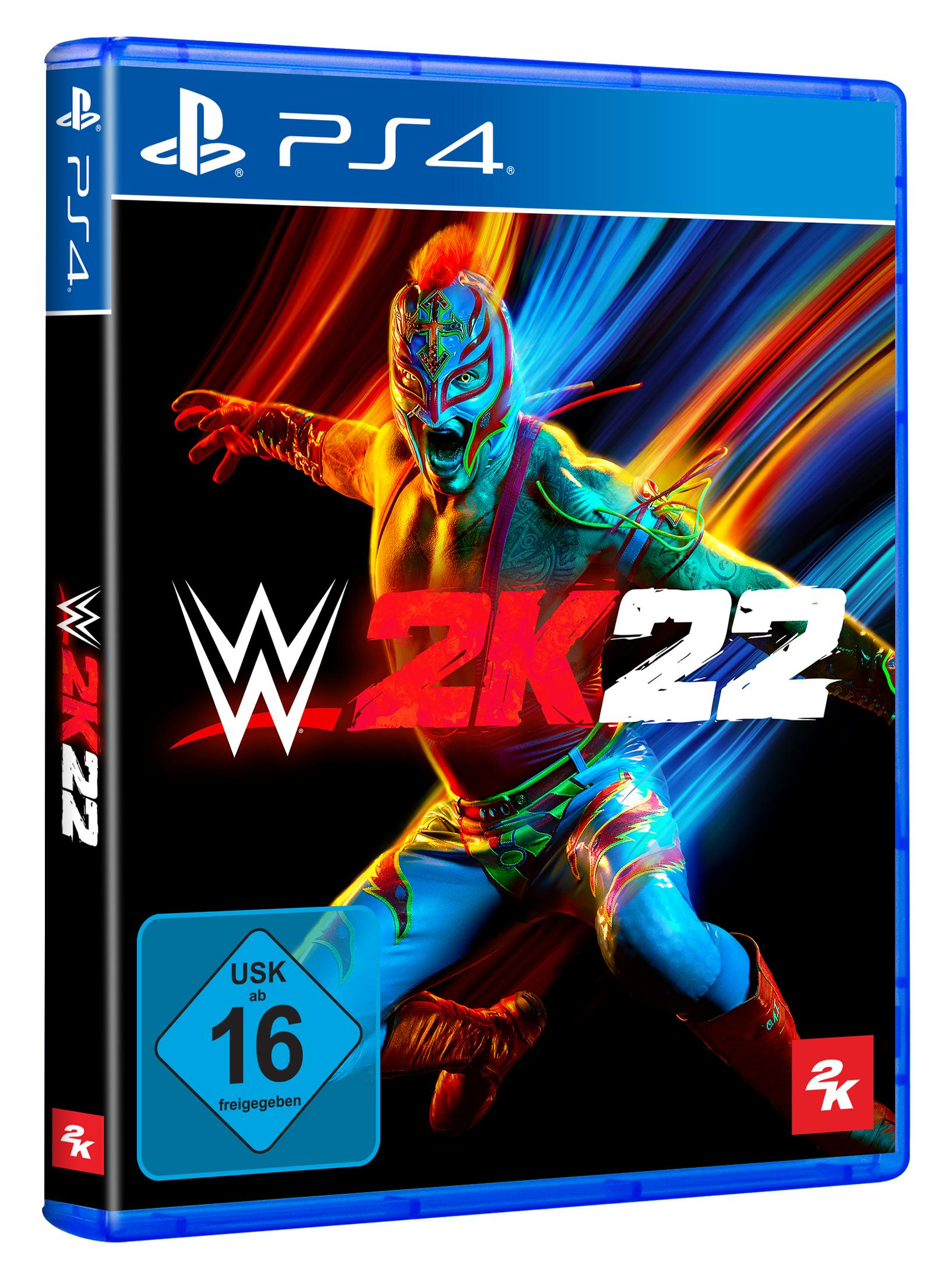 PS4-Spielhülle für WWE 2K22. Enthält einen Wrestler mit Maske, vor hellem rot-orange-blauem Hintergrund.