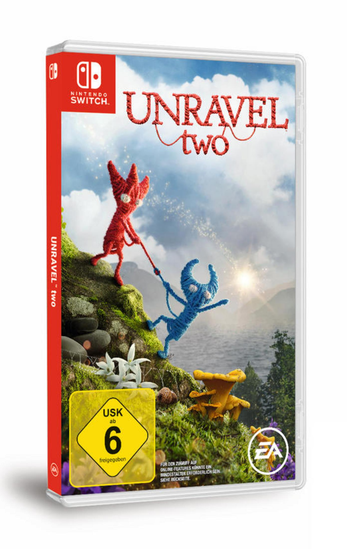 Unravel Two Spielbox. Zwei Garnkreaturen auf einem Berg mit Wasser im Hintergrund. Nintendo Switch Logo.