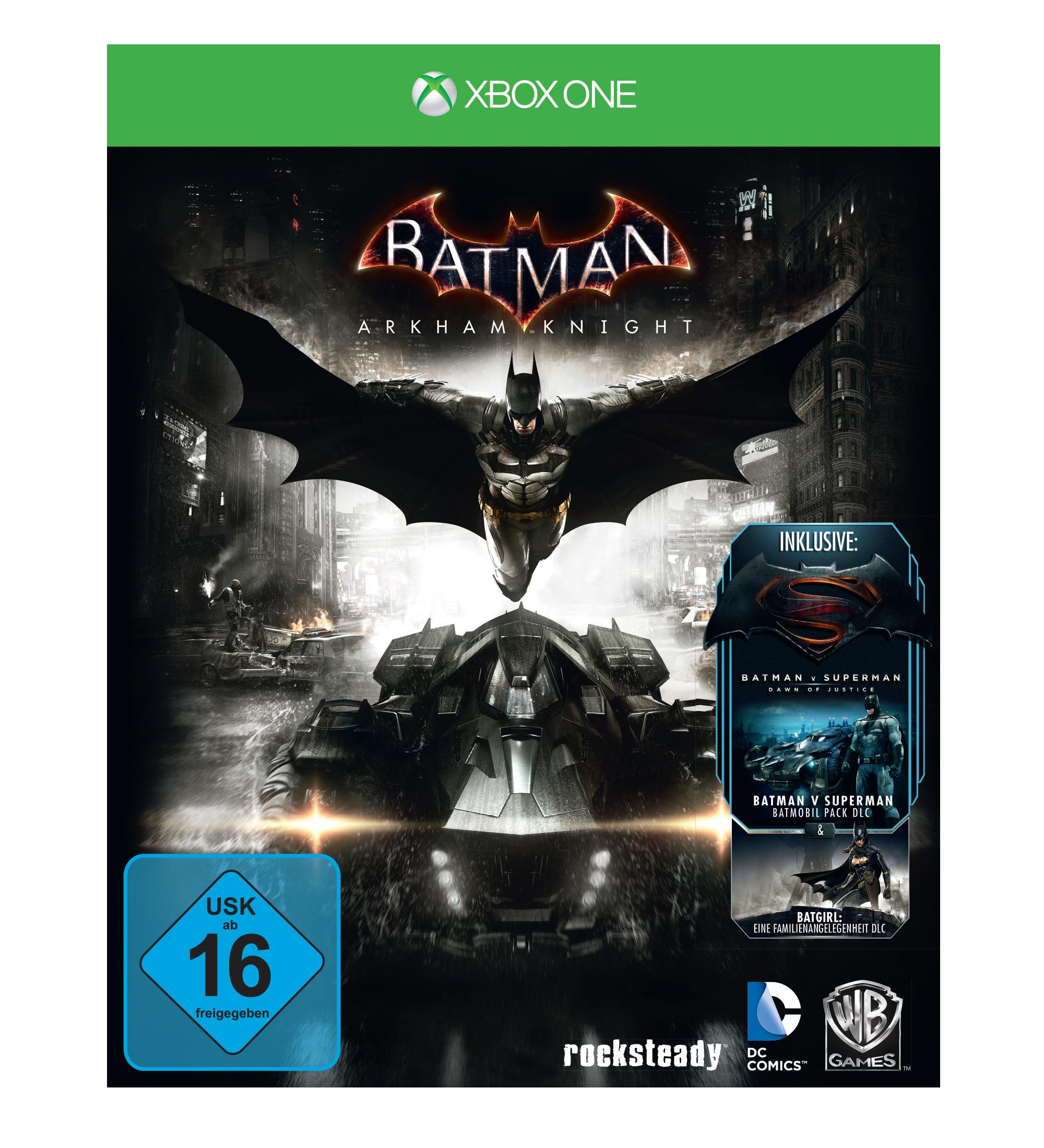 Batman Arkham Knight Xbox One Spiel-Cover. Batman auf Batmobil, dunkler Stadt-Hintergrund, USK 16-Bewertung.