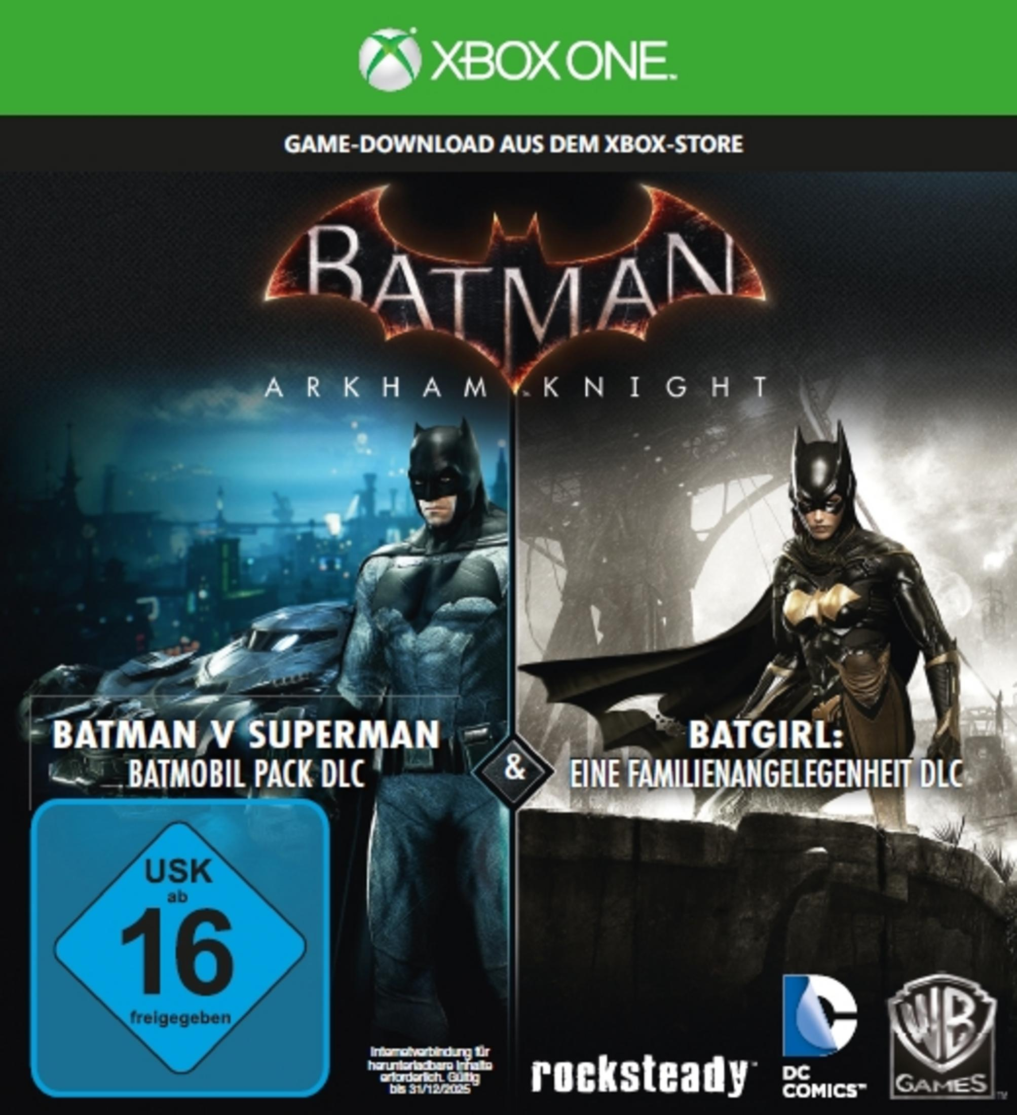 Xbox One Spielbox: Batman Arkham Knight. Zeigt Batman und Batgirl. Batman v Superman Batmobile Pack DLC.