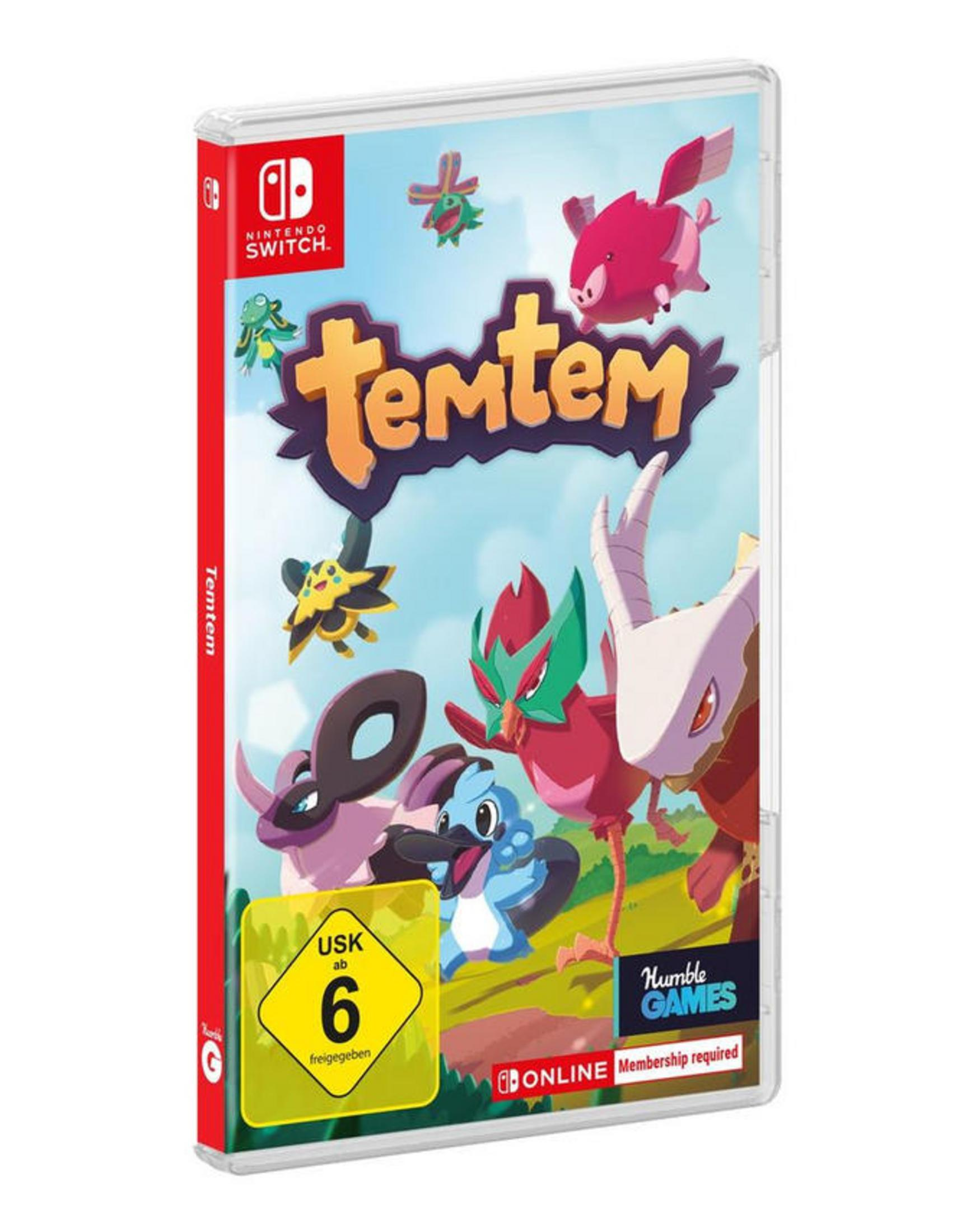 Temtem Nintendo Switch Spielbox mit bunten Kreaturen auf weißem Hintergrund.