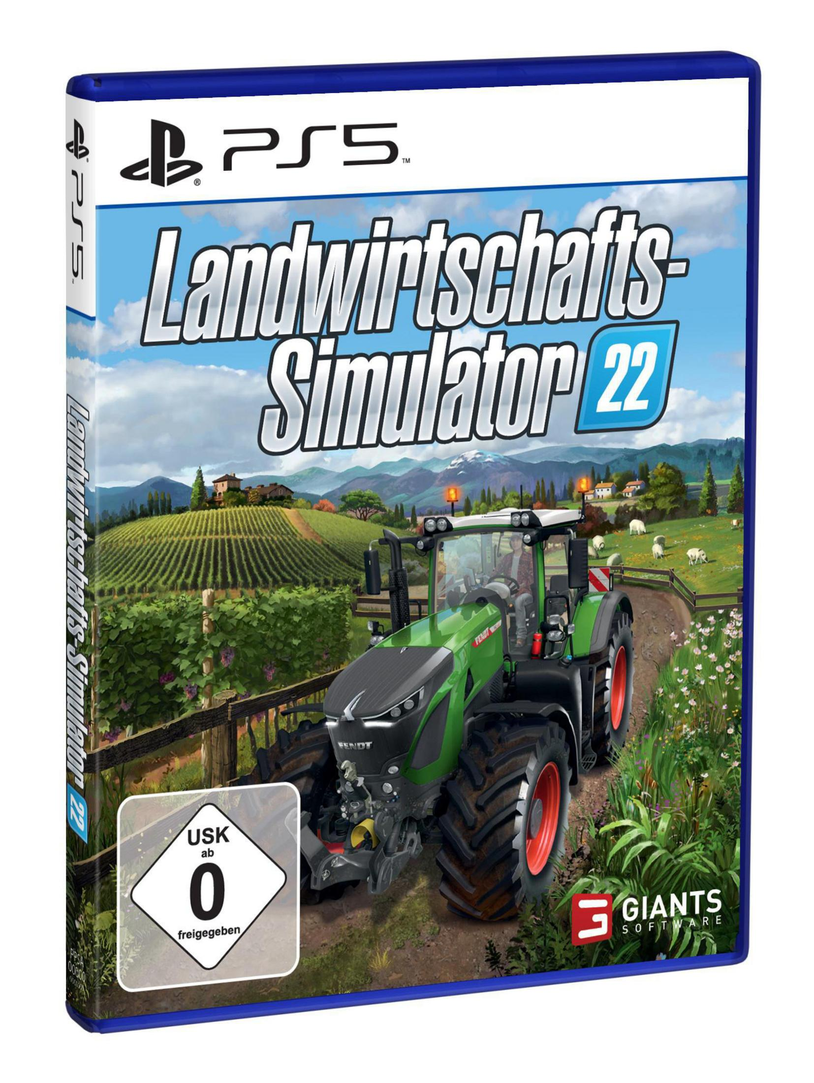Pudełko z grą Farming Simulator 22 na PS5. Pokazuje traktor na polu z tytułem gry.