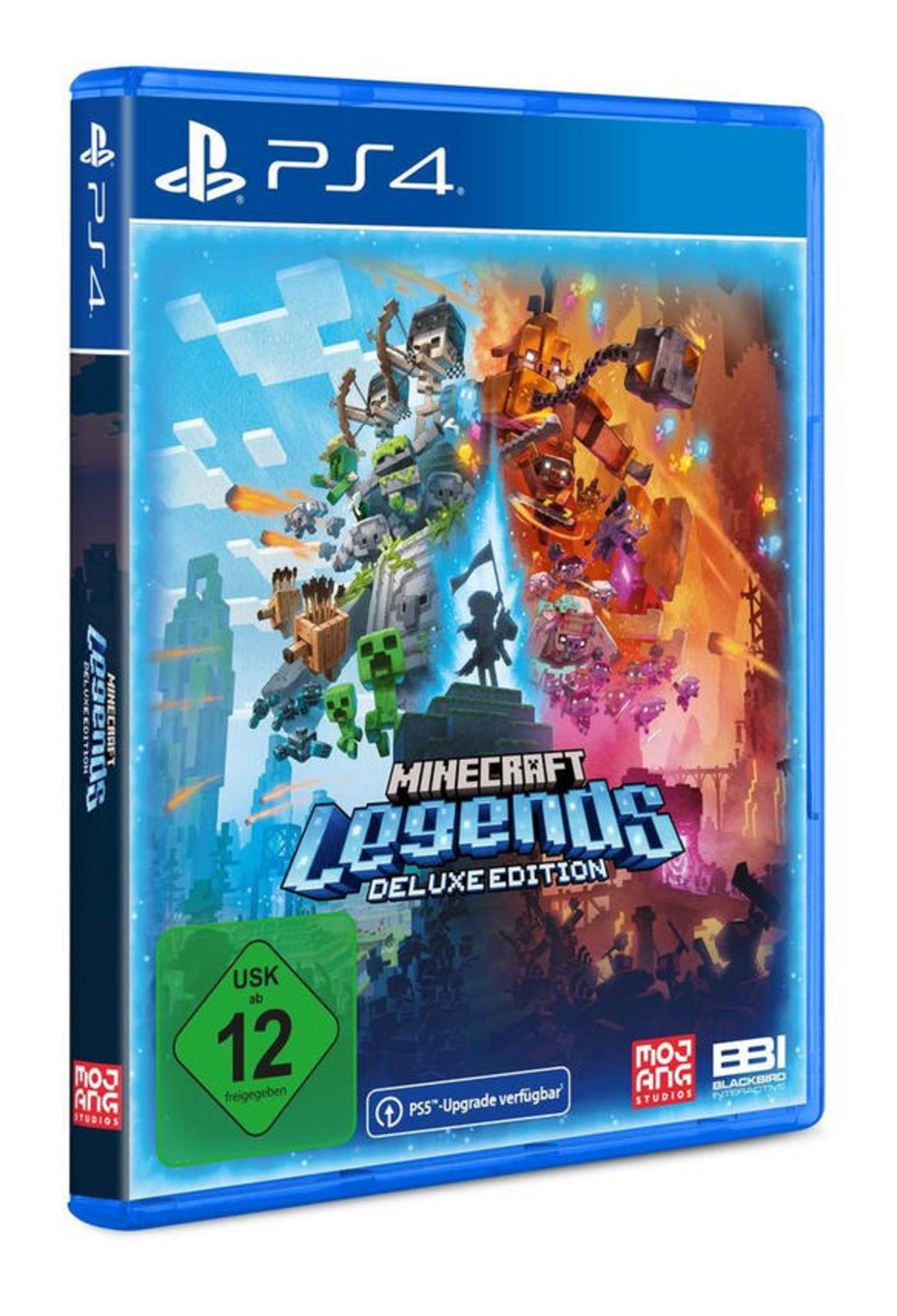 Custodia del gioco PS4 Minecraft Legends Deluxe Edition. Copertina colorata con personaggi e titolo.