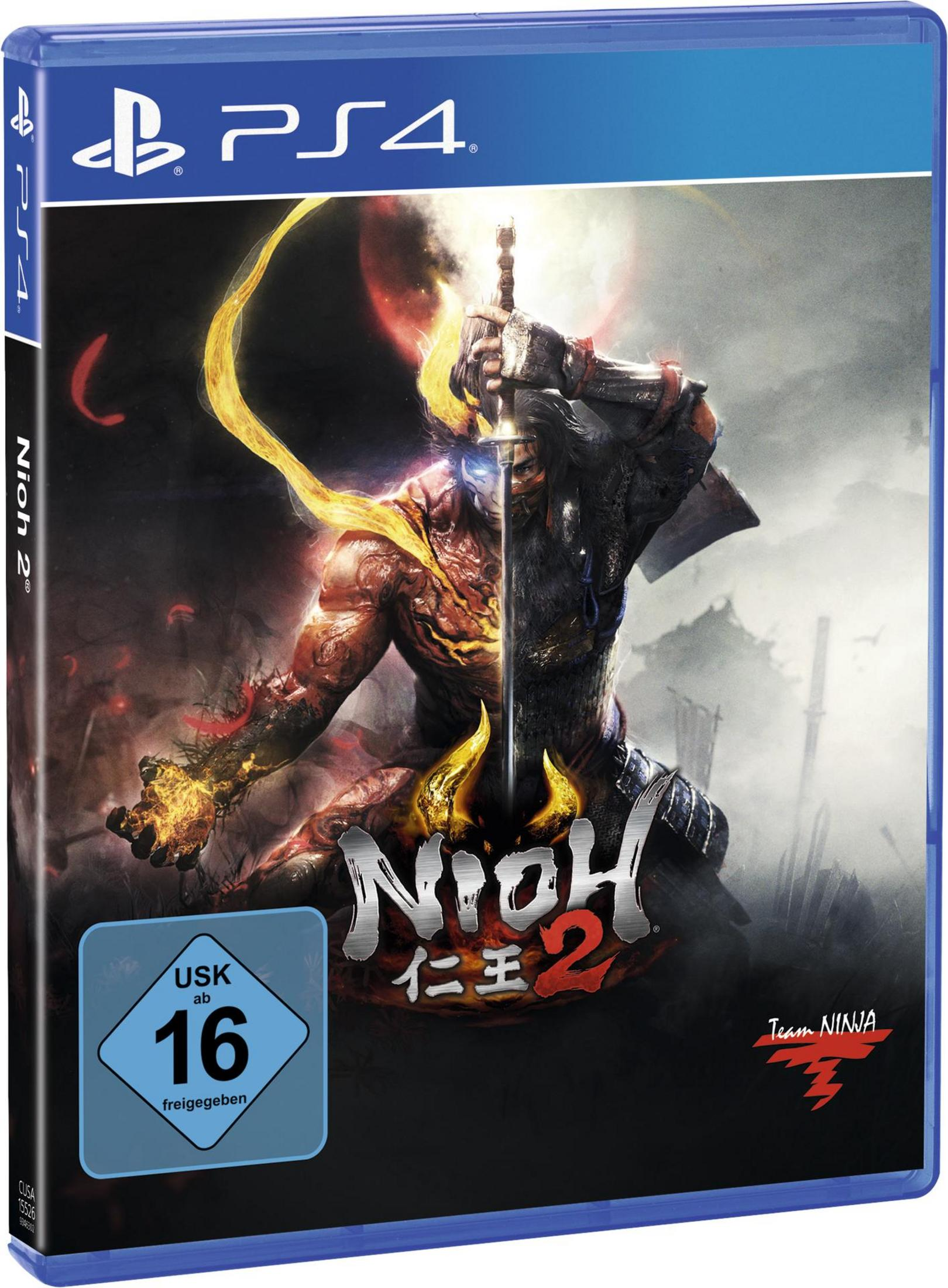 Scatola del gioco Nioh 2 per PS4. Un guerriero con una spada è sulla copertina. Lo sfondo è rosso.