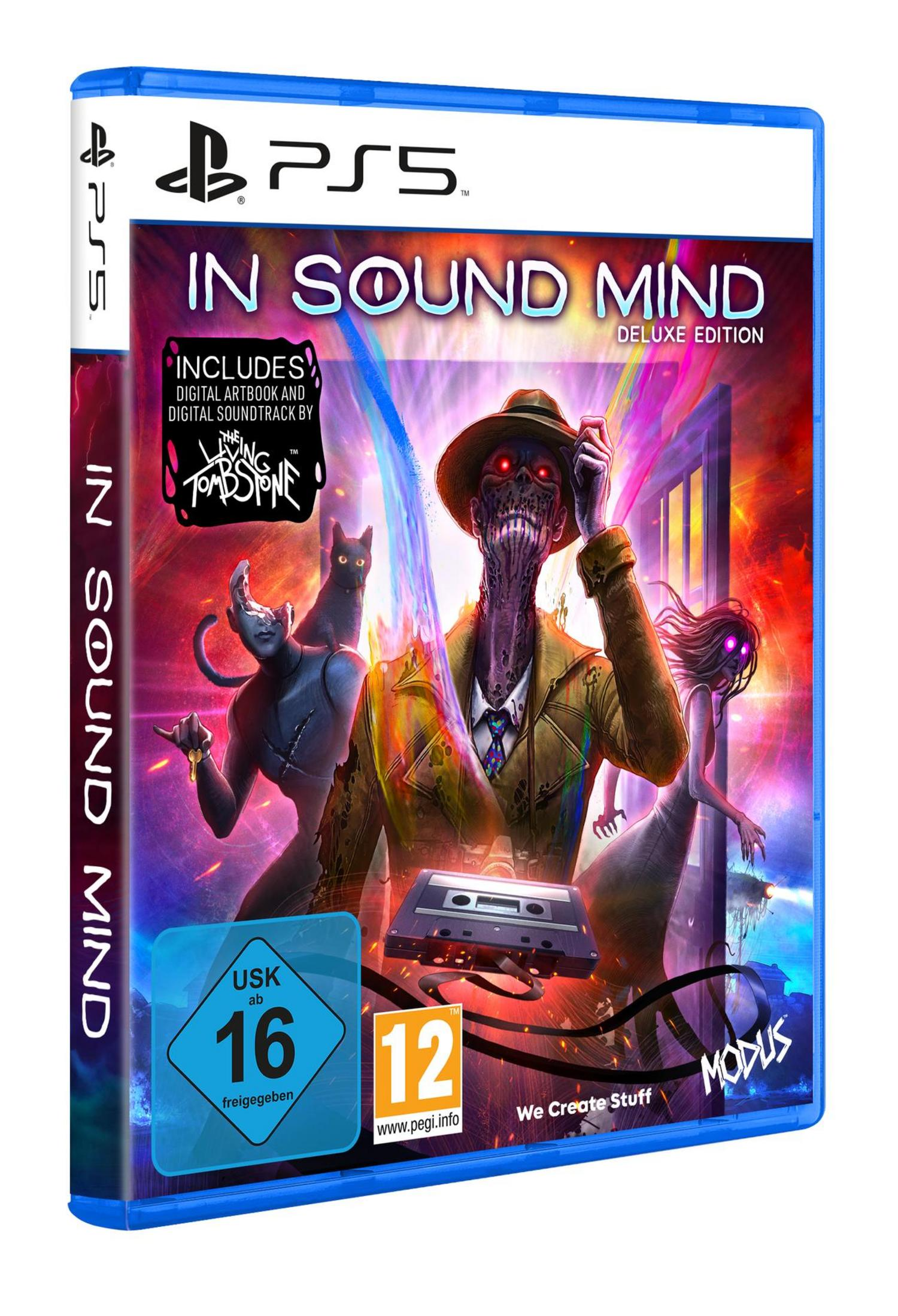 In Sound Mind Deluxe PS5-Spielbox mit einer gruseligen Figur, einer Katze und einem Tonband.