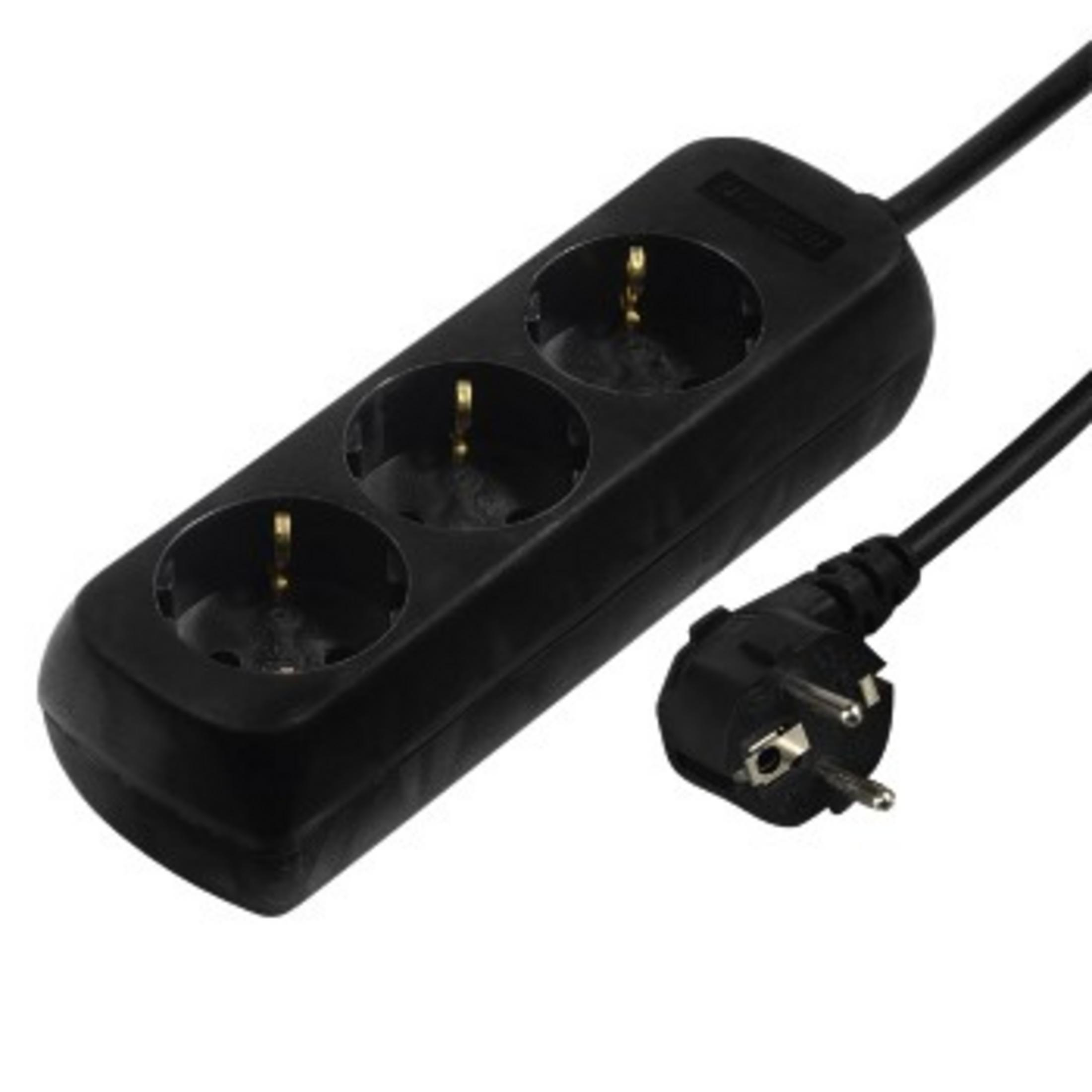 Schwarze Steckdosenleiste mit drei Buchsen, mit separatem Stecker.