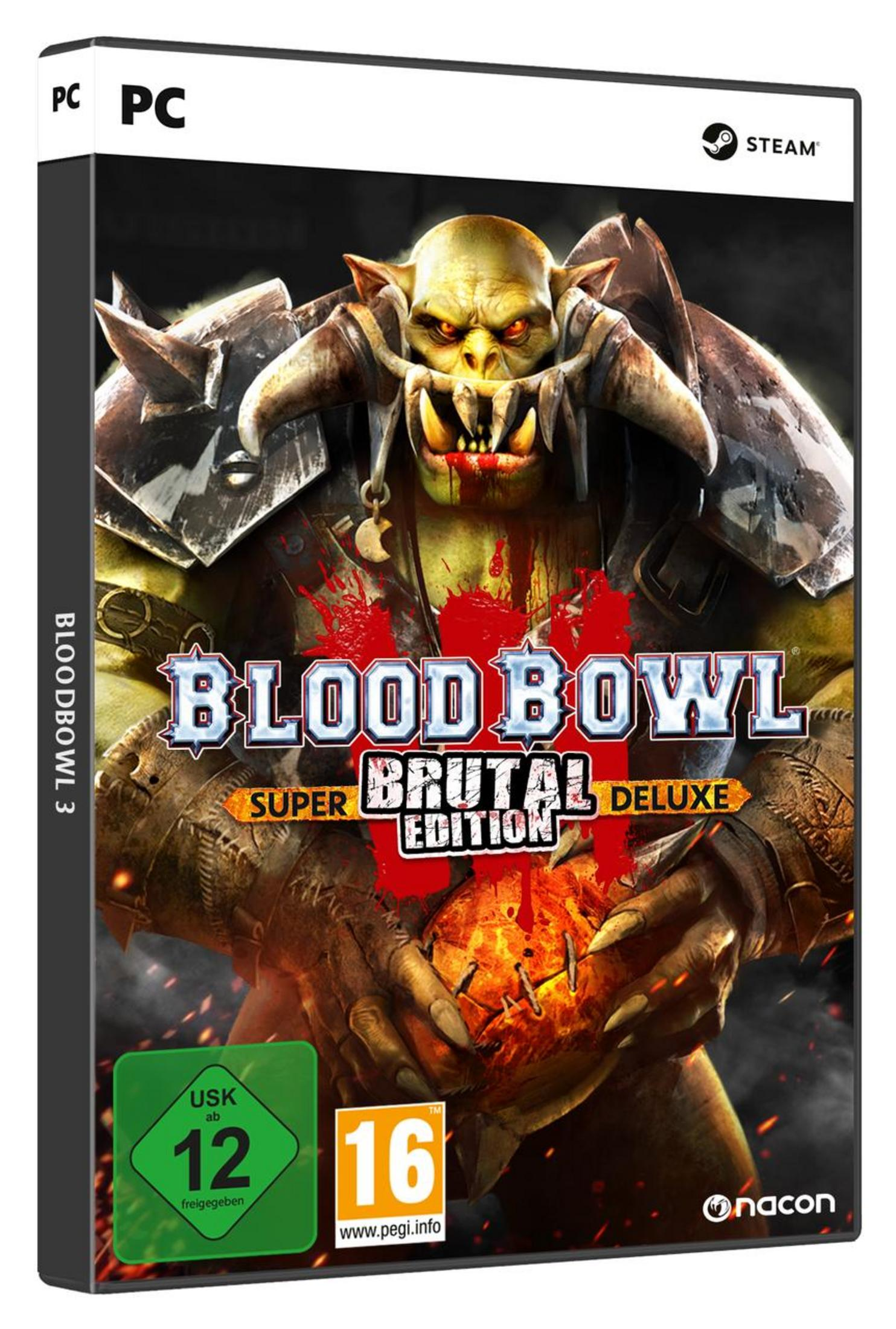 Spielbox von Blood Bowl 3. Ein grünschläfriger Ork mit Hörnern ist auf dem Cover. Der Titel des Spiels ist sichtbar.