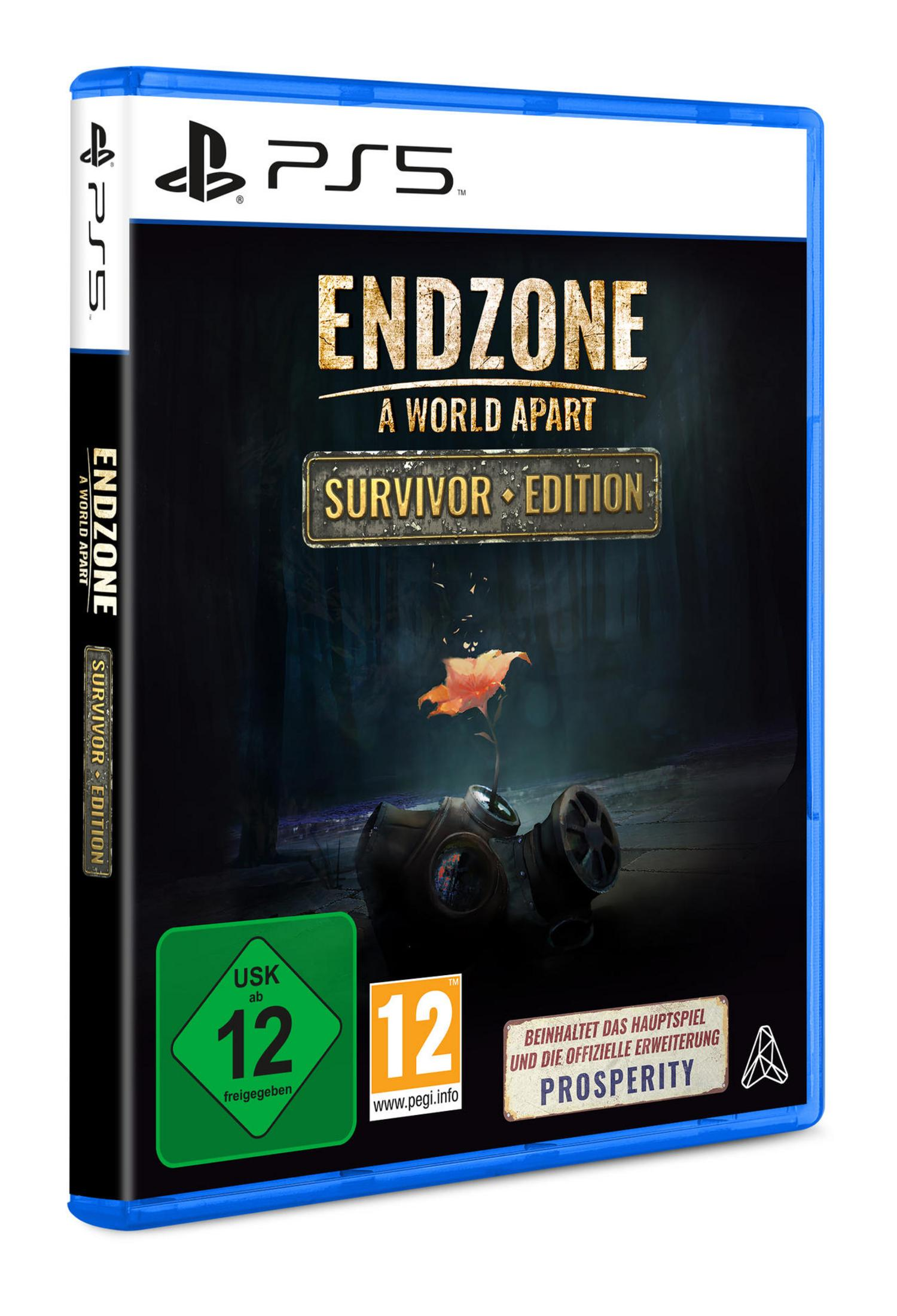 Endzone - A World Apart Survivor Edition Spielhülle für PS5. Cover zeigt Maske und Pflanze.