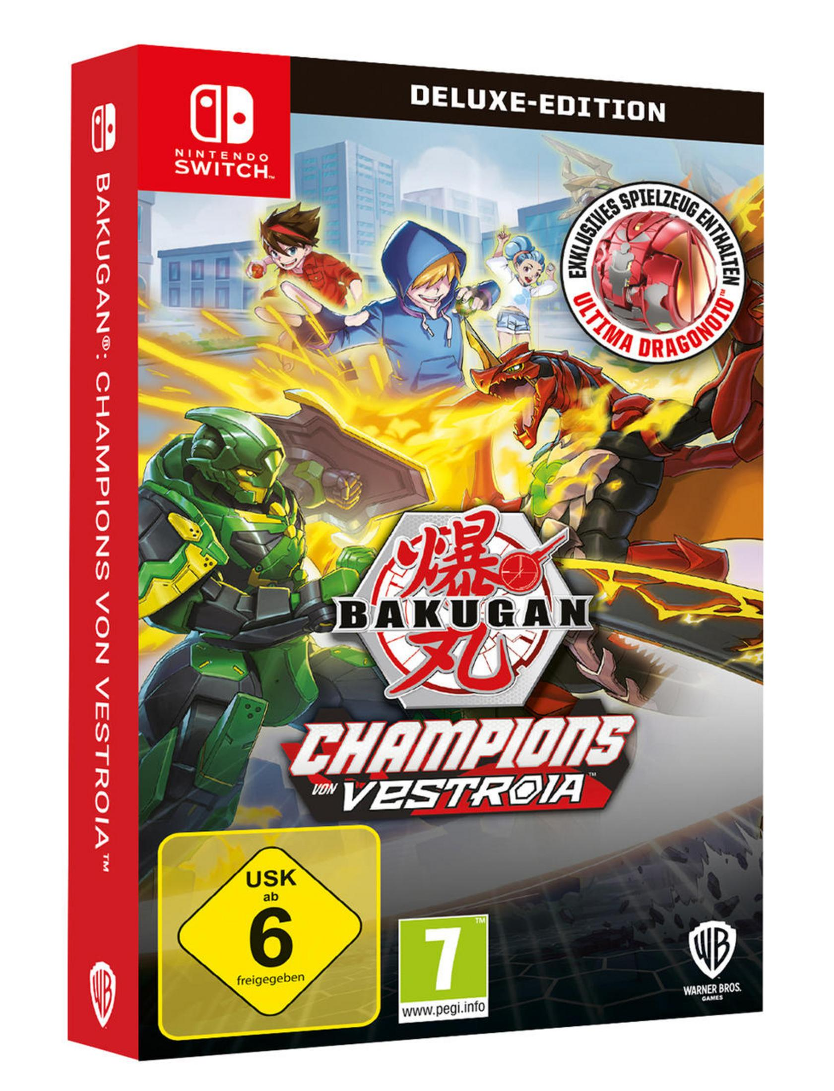 Bakugan Champions-Spielbox. Enthält Bakugan-Charaktere und eine grüne, gepanzerte Figur.