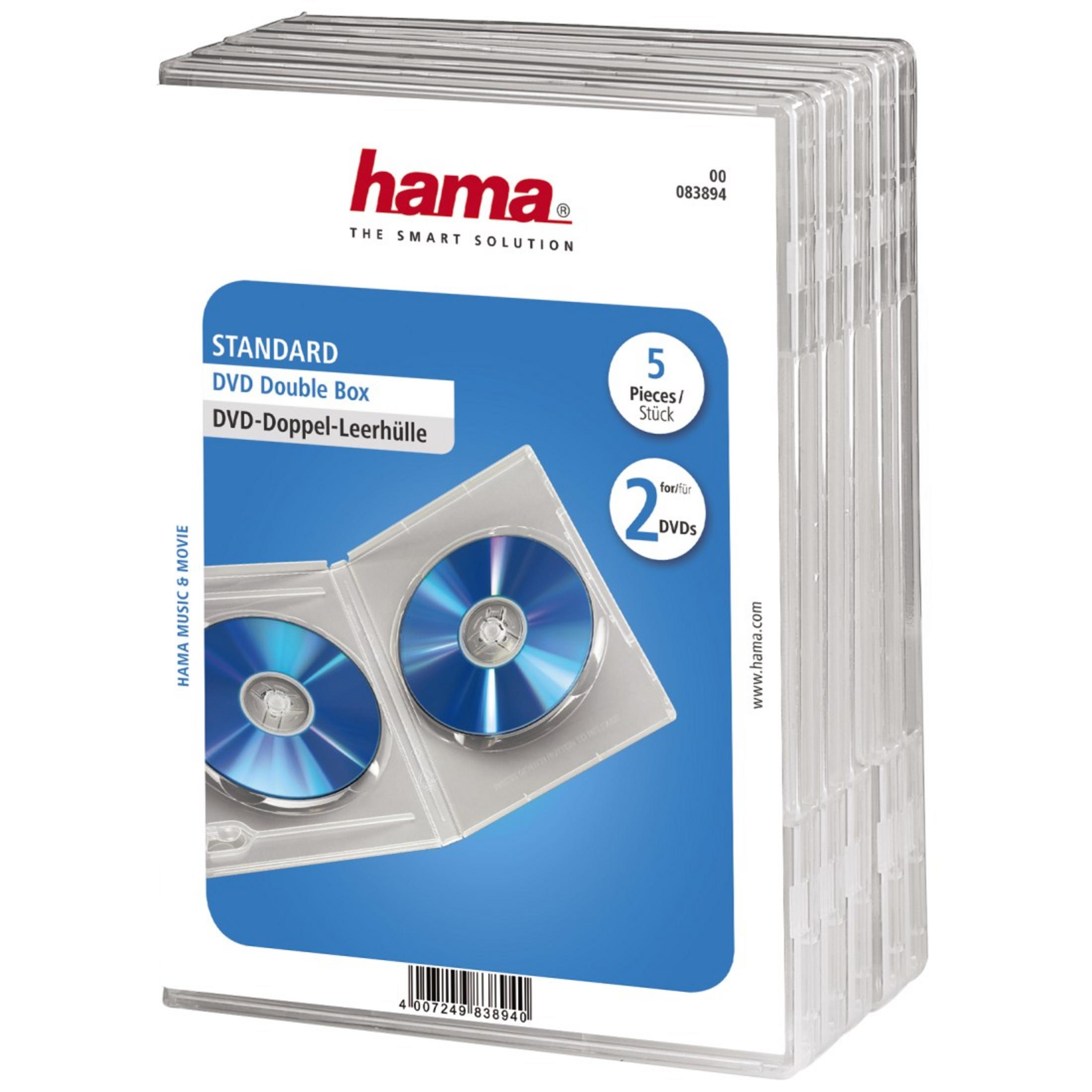 Stapel von fünf DVD-Doppelboxen, jede mit zwei DVDs, Markenname 'hama'.