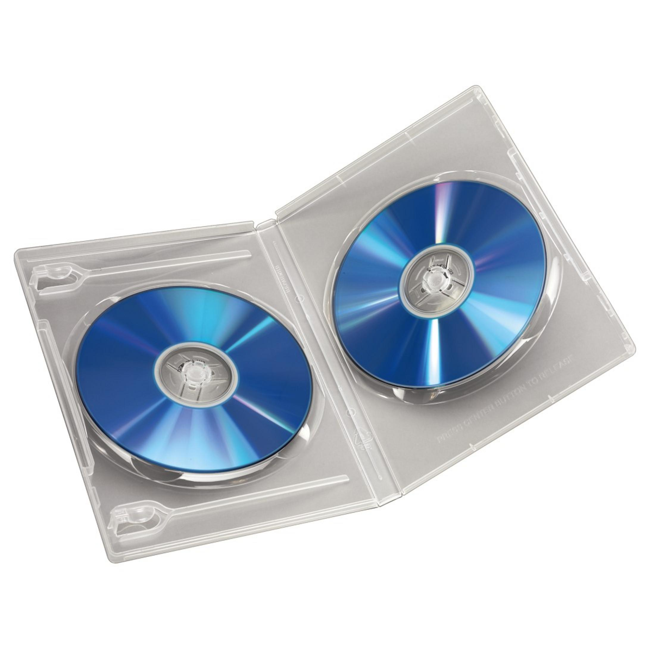 Zwei blaue CDs in einer transparenten Plastikhülle, offen. Reflektierende Oberflächen.