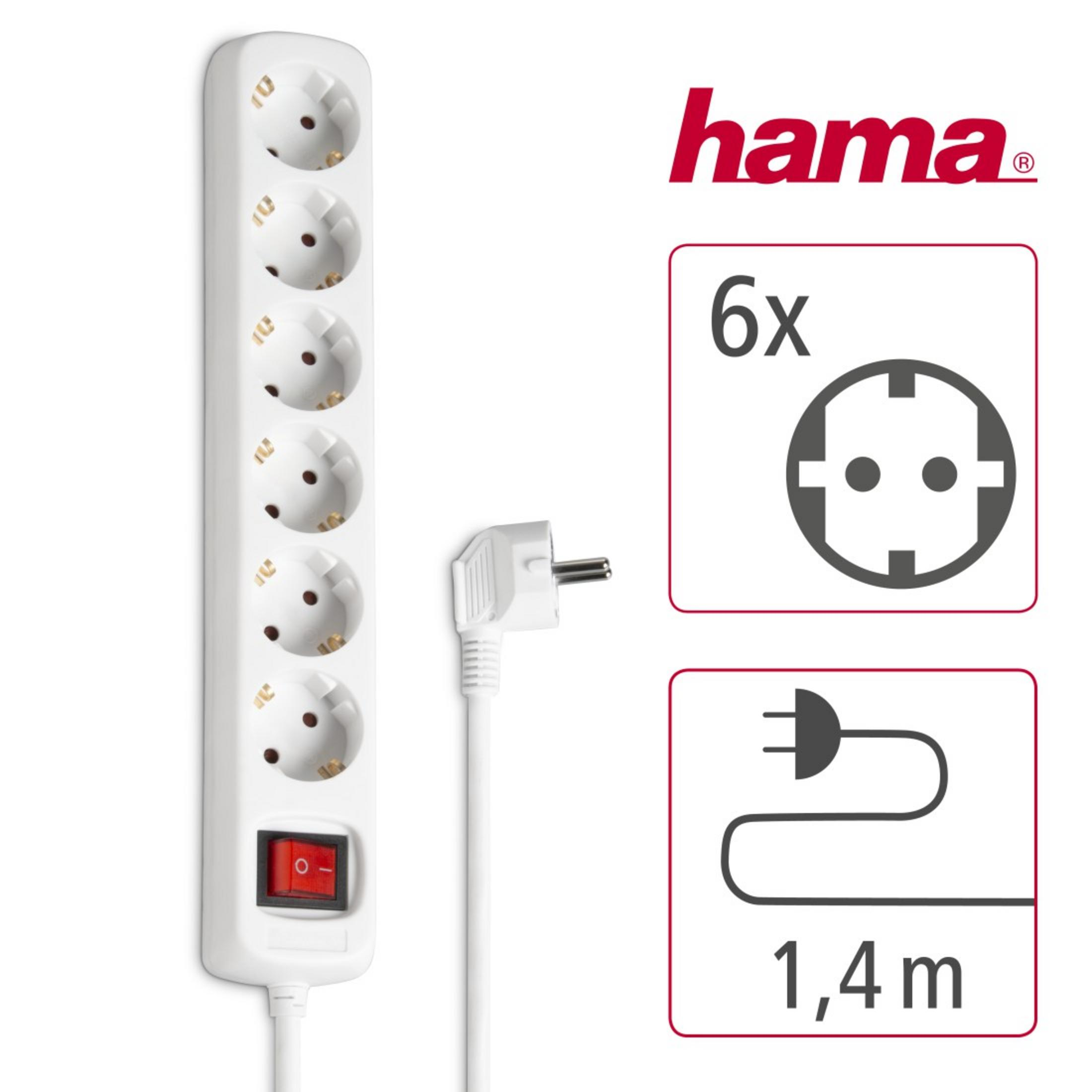 Weiße Steckdosenleiste mit 6 Steckdosen und einem roten Schalter. Hama Logo sichtbar.