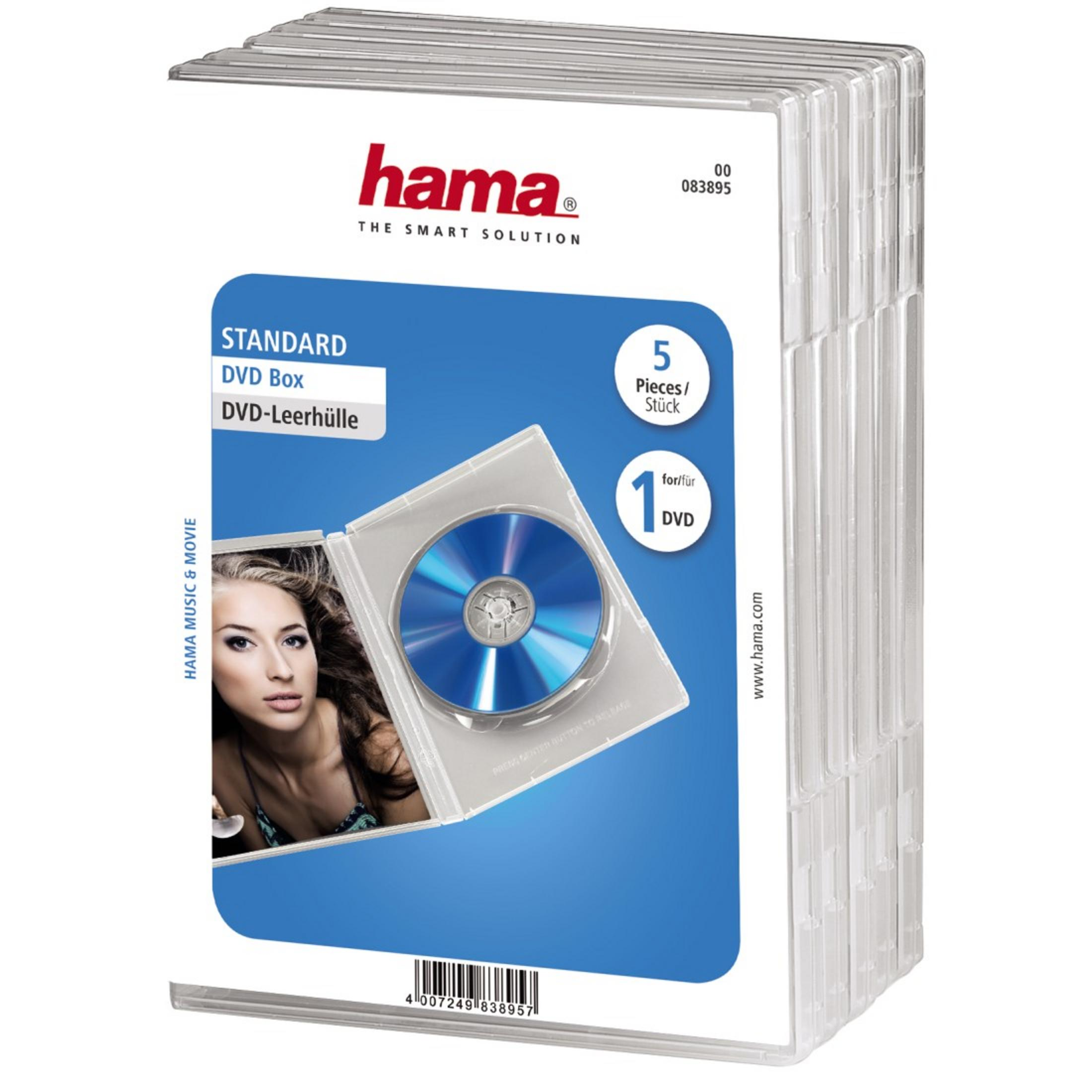 Ein Stapel DVD-Hüllen mit einer DVD, das Produkt ist mit 'hama' gekennzeichnet.