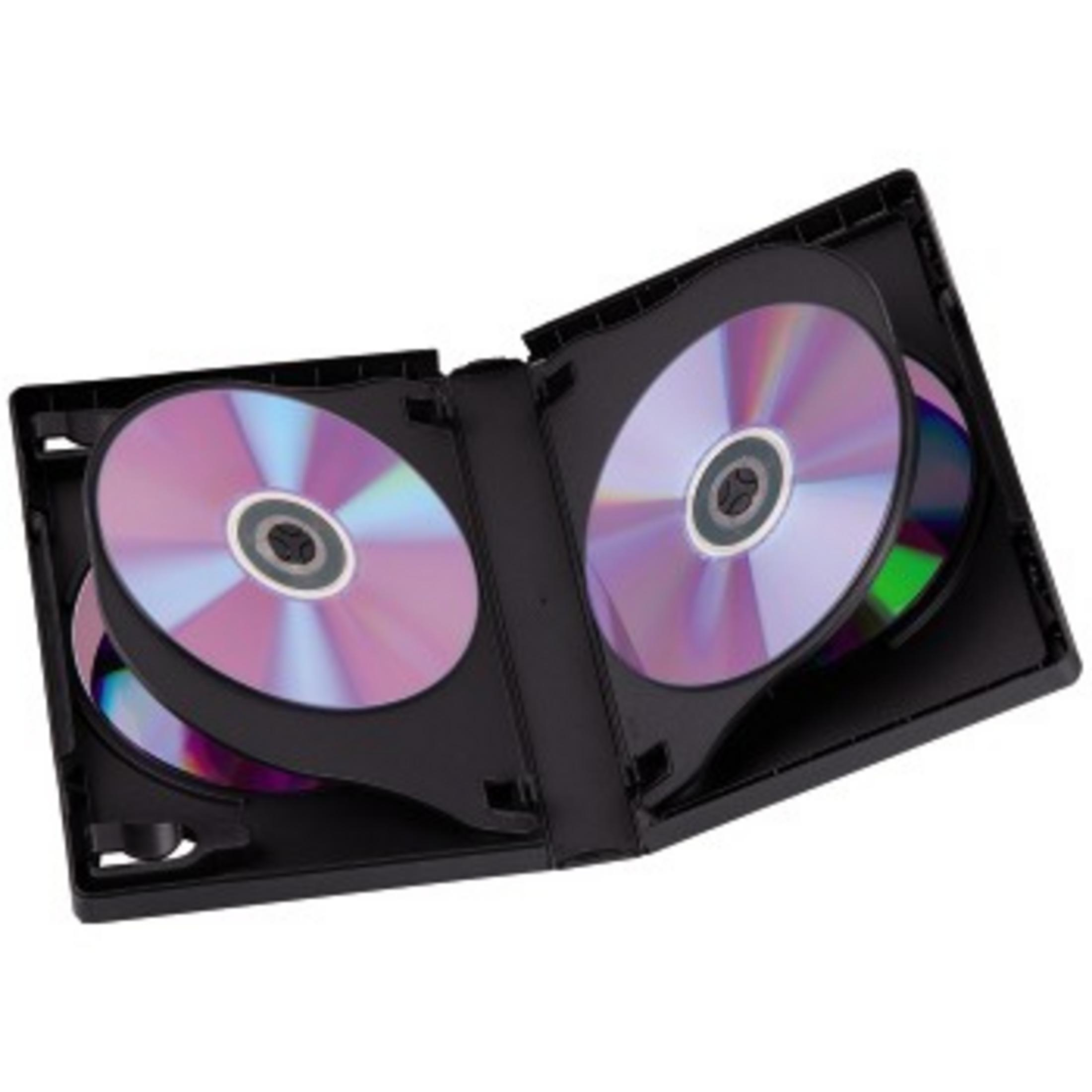 Czarny futerał na DVD otwarty, pokazujący cztery płyty DVD. Płyty mają błyszczącą, kolorową powierzchnię.