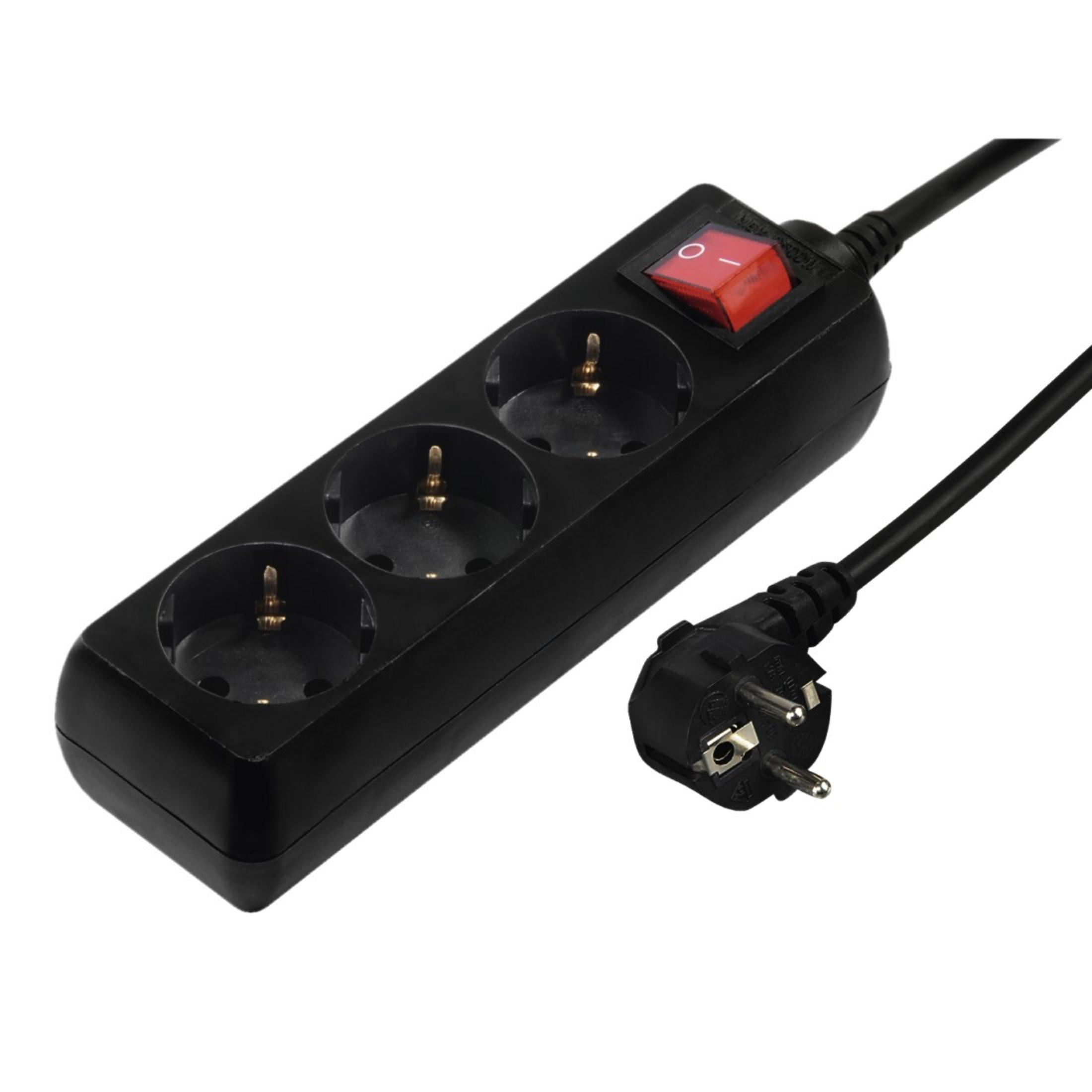 Eine schwarze Verlängerungsschnur mit 3 Steckdosen, einem roten Schalter und einem Stecker.