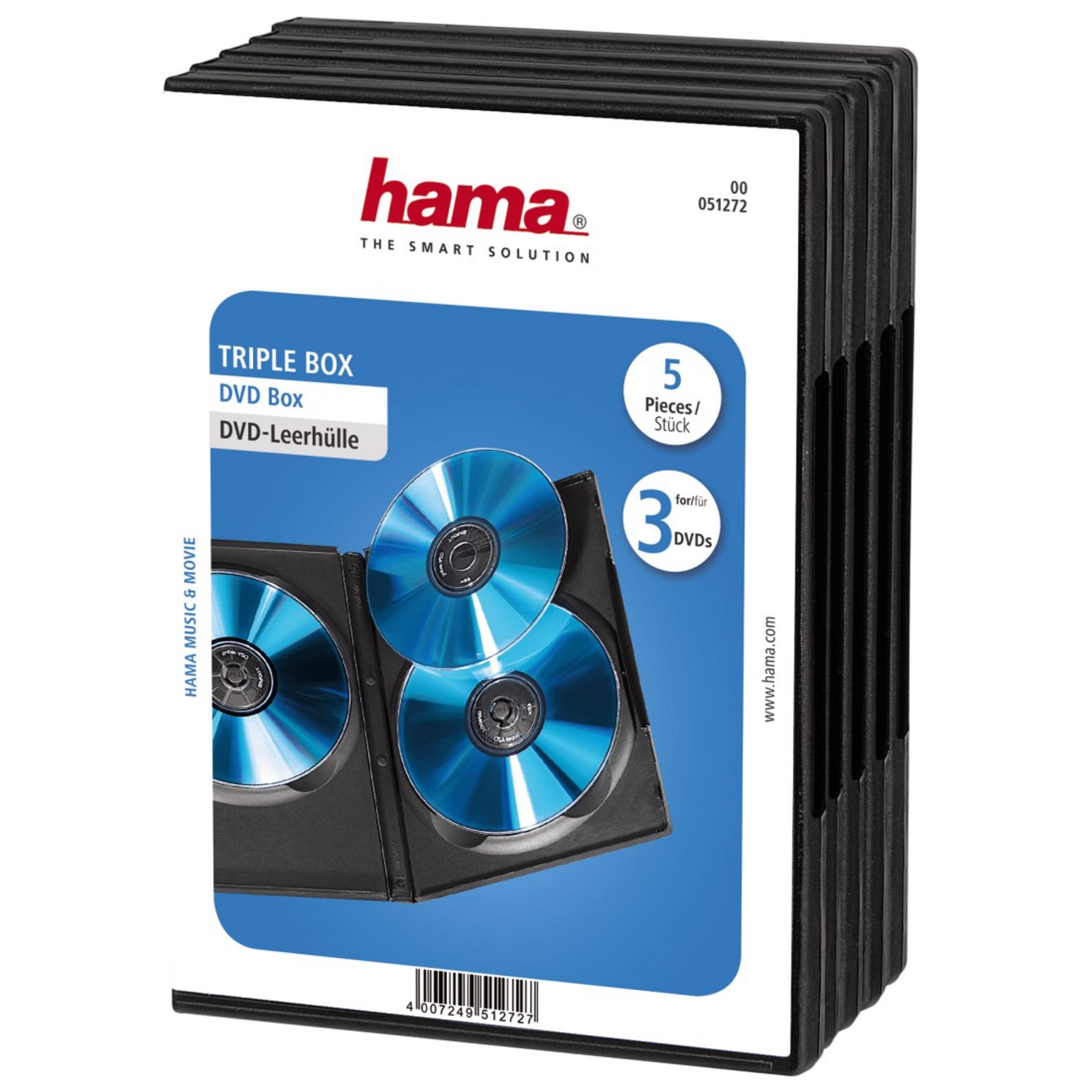 Eine schwarze DVD-Box mit drei blauen DVDs. Hama-Logo und Produktdetails sind aufgedruckt.