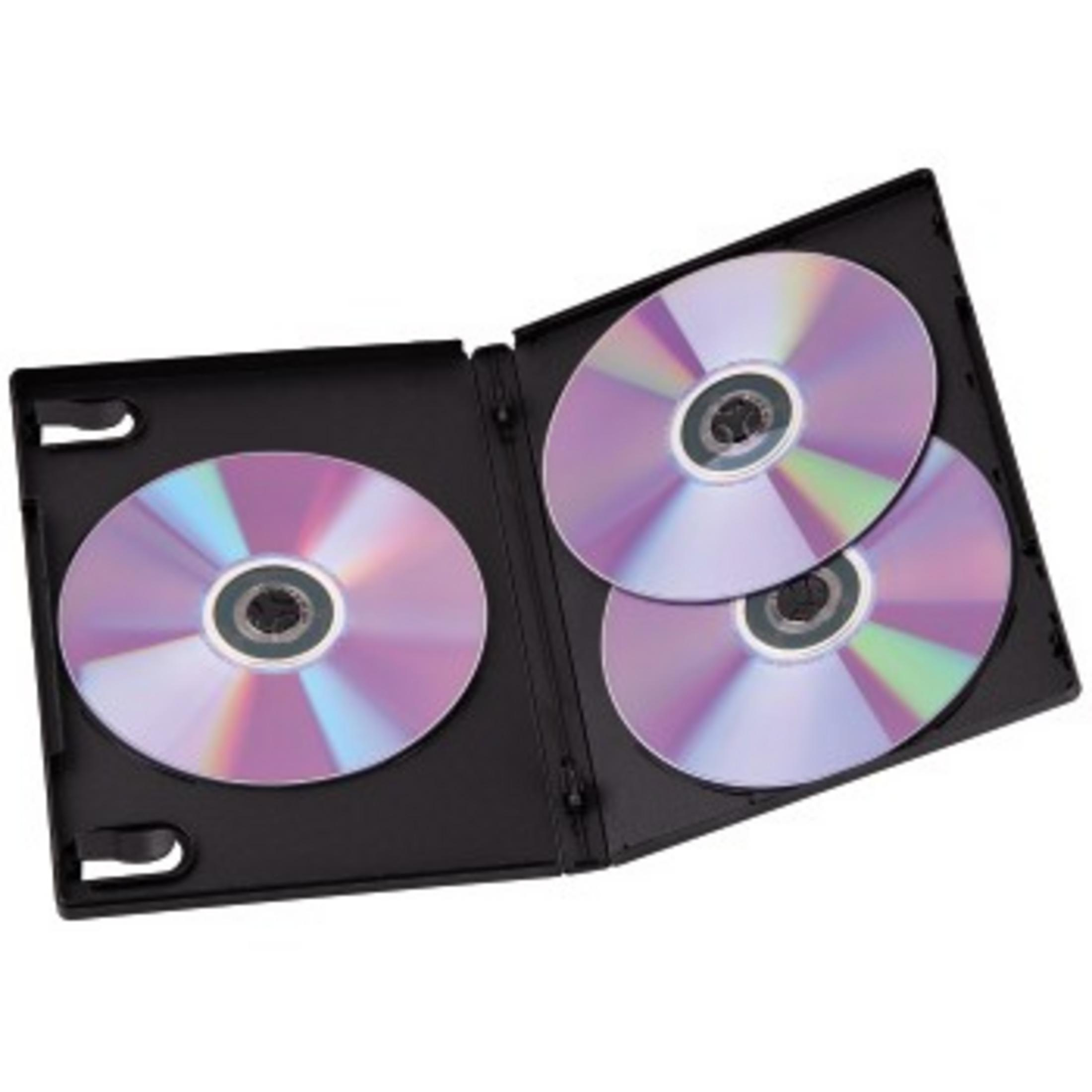 Ein offenes schwarzes DVD-Case mit drei DVDs. Die Discs reflektieren Licht.
