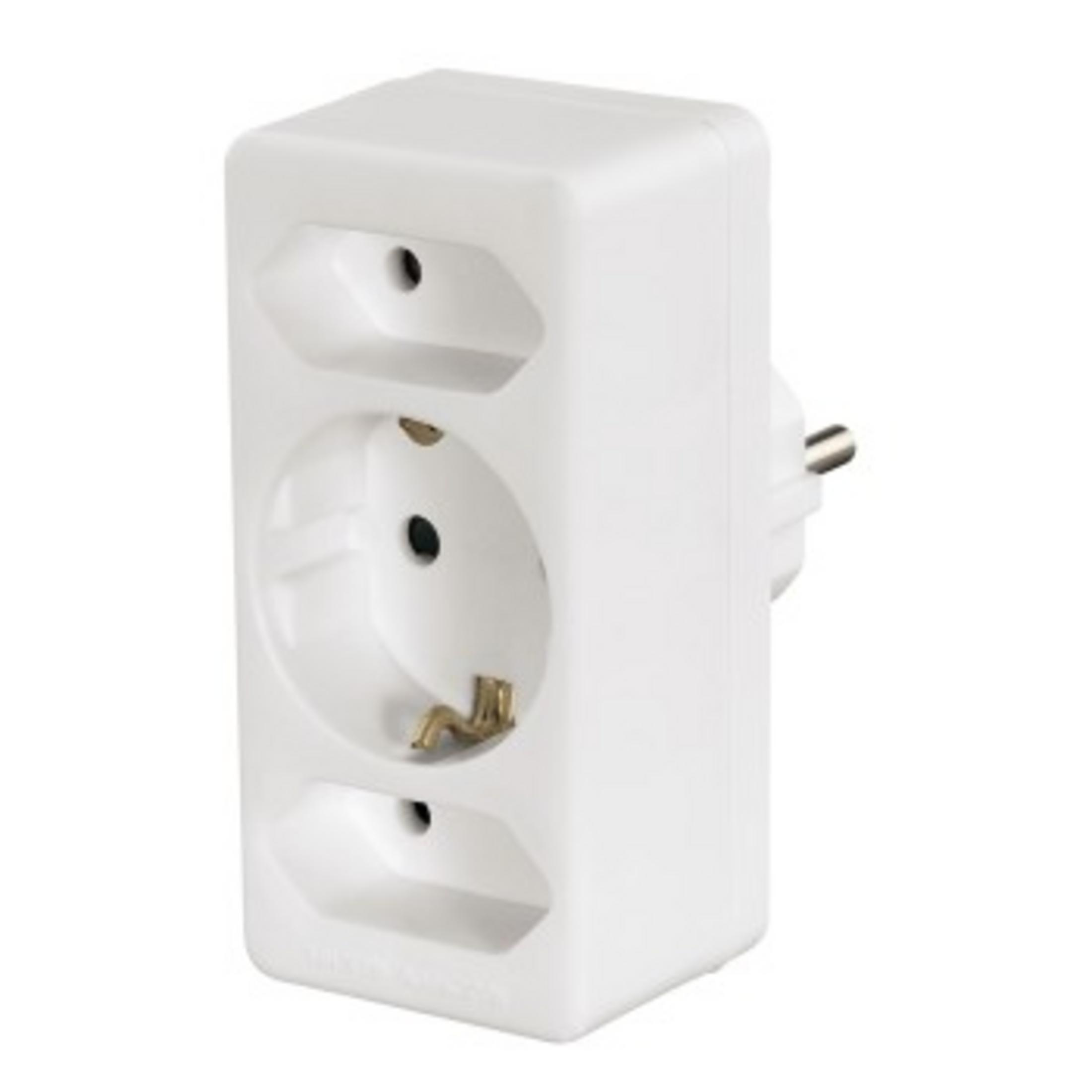 Adattatore per presa bianca con due prese e una spina laterale.