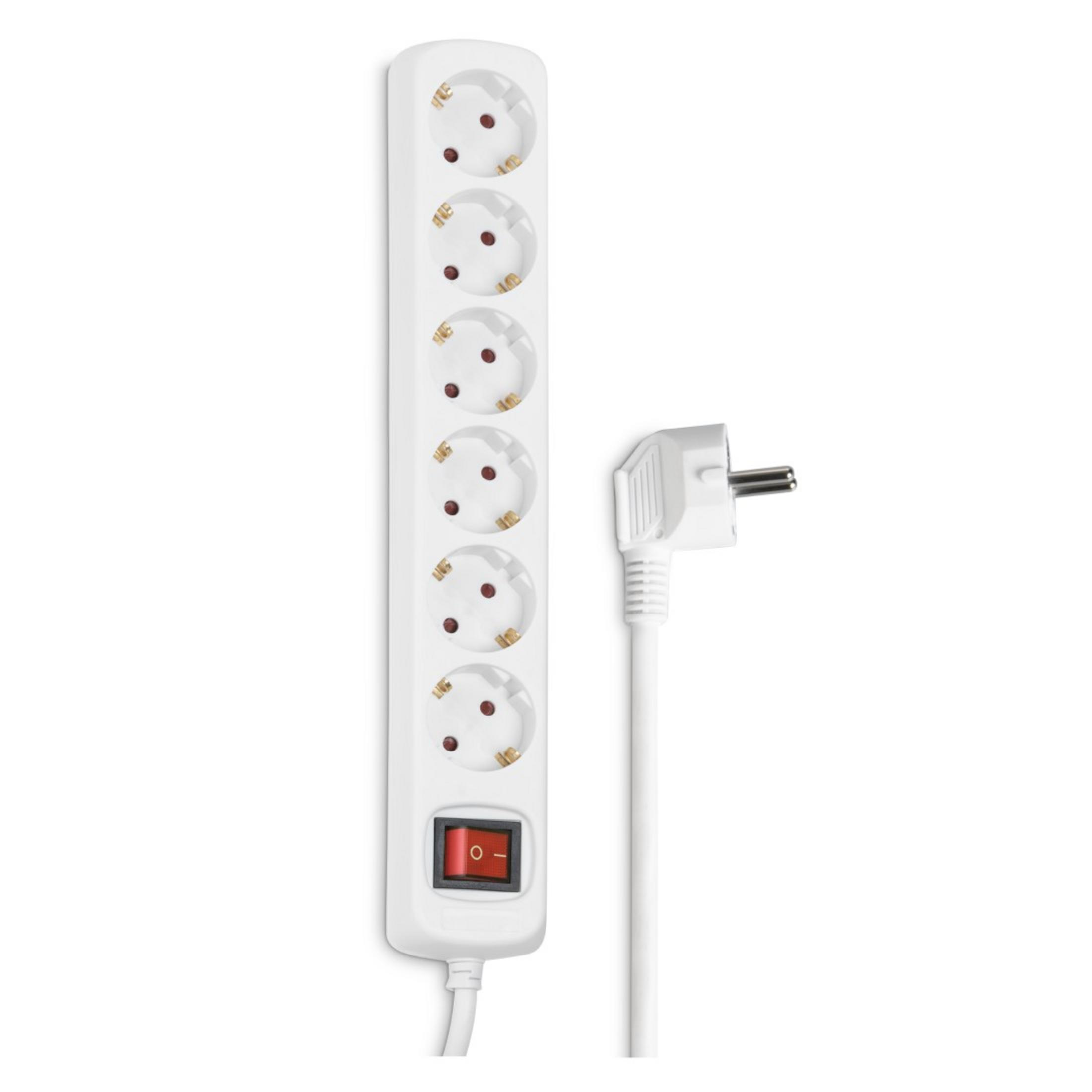 Weiße Steckdosenleiste mit 6 Steckdosen und rotem Schalter, mit weißem Stecker und Kabel.
