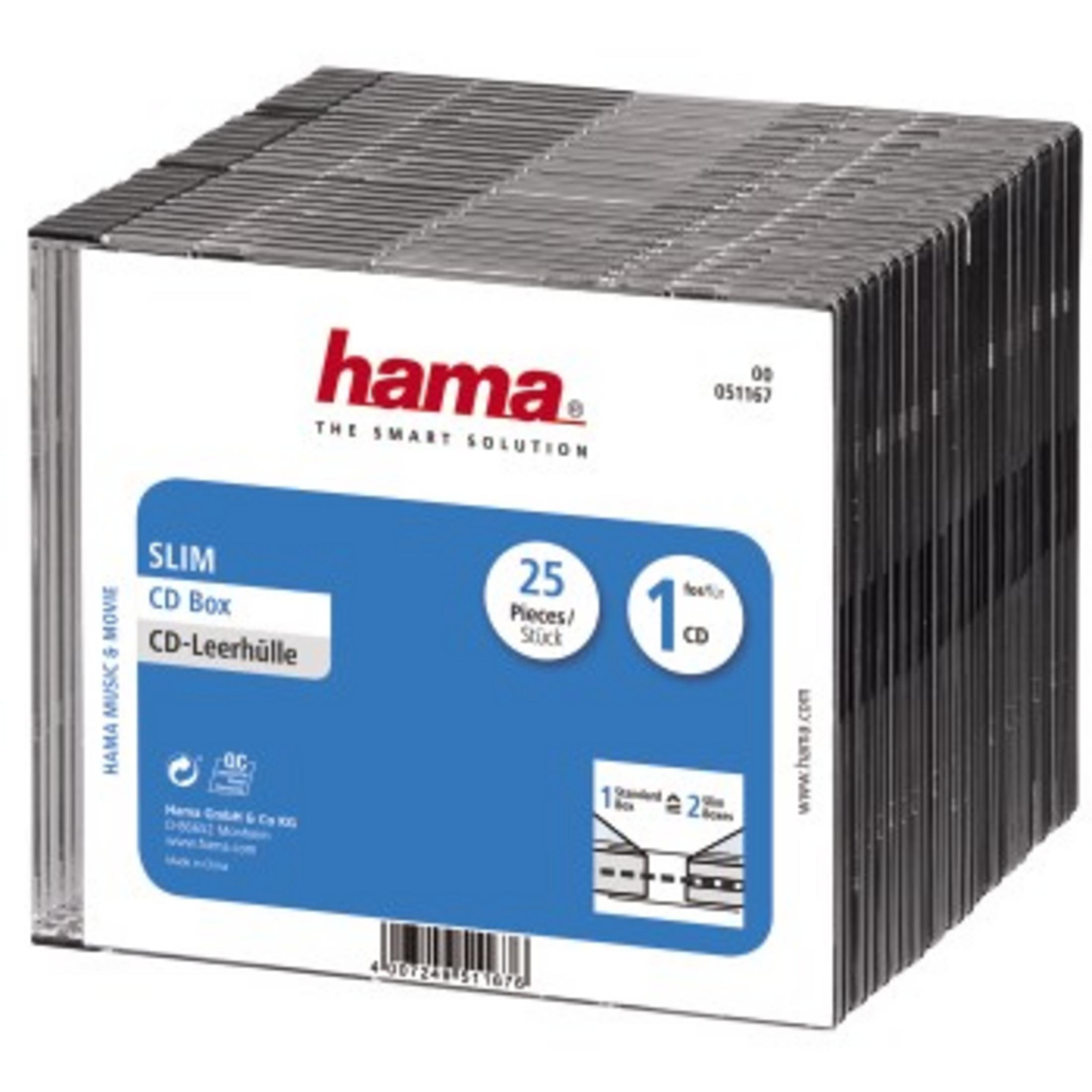 Stos pudełek na płyty CD marki Hama, niebieska etykieta.