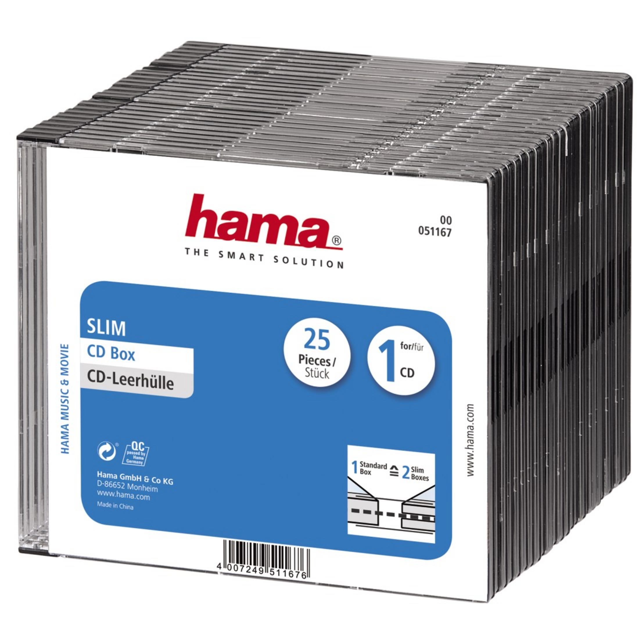 Pudełko CD z CD w środku. Białe i niebieskie opakowanie. Etykiety 'Hama' i 'CD Box'.