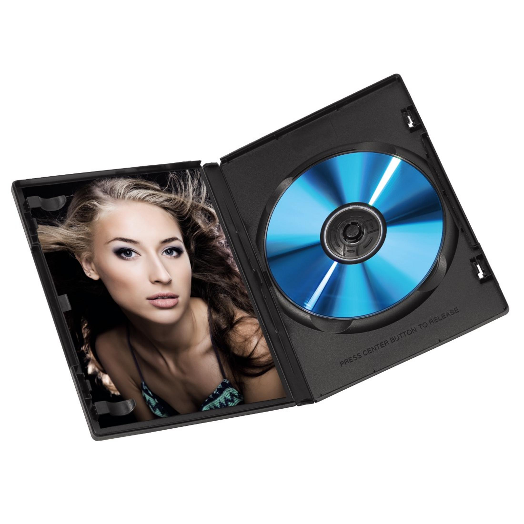 Etui na płyty CD otwarte, zdjęcie kobiety po lewej, niebieska płyta CD po prawej, czarne etui.