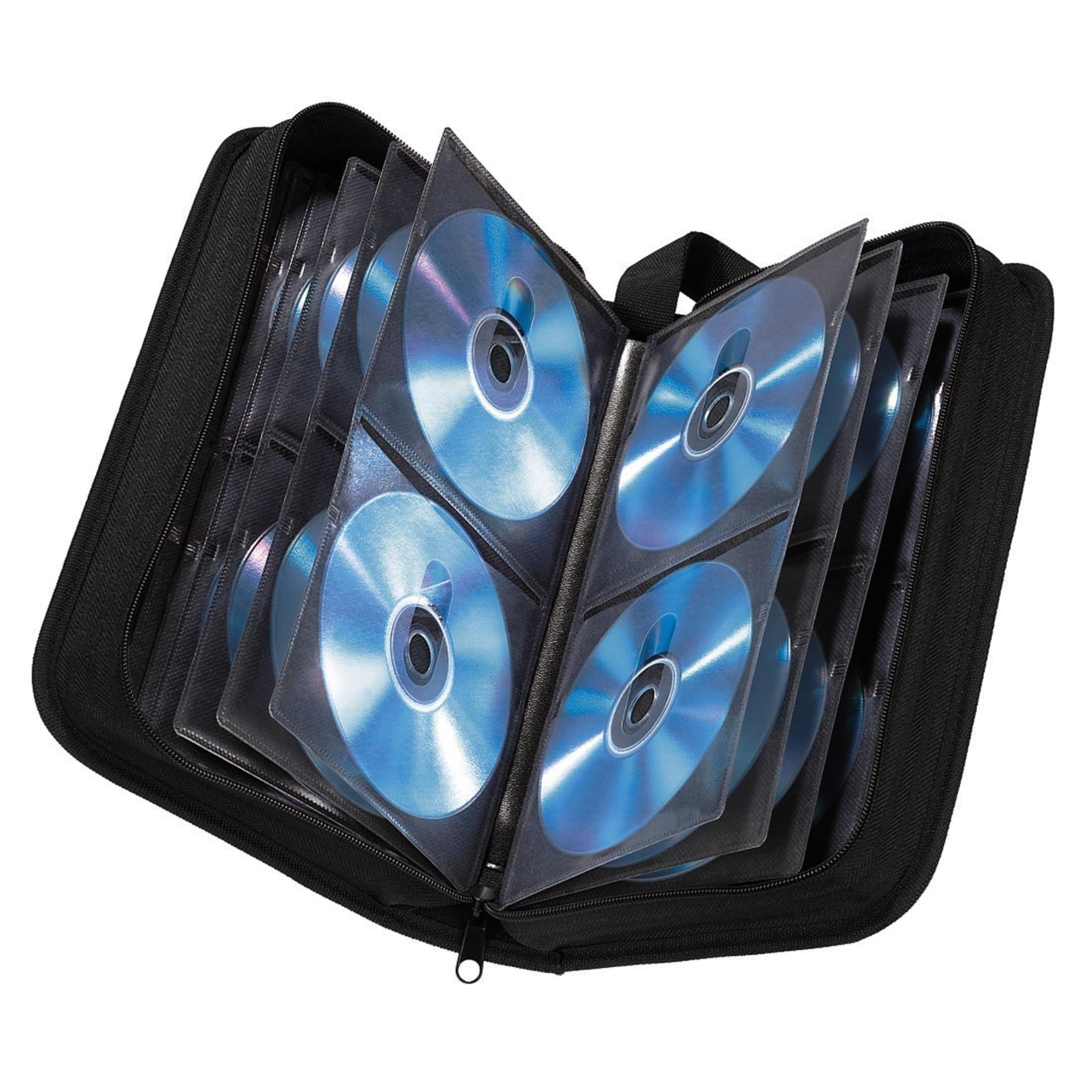 Schwarzes CD-Etui offen, gefüllt mit blauen CDs in transparenten Hüllen.