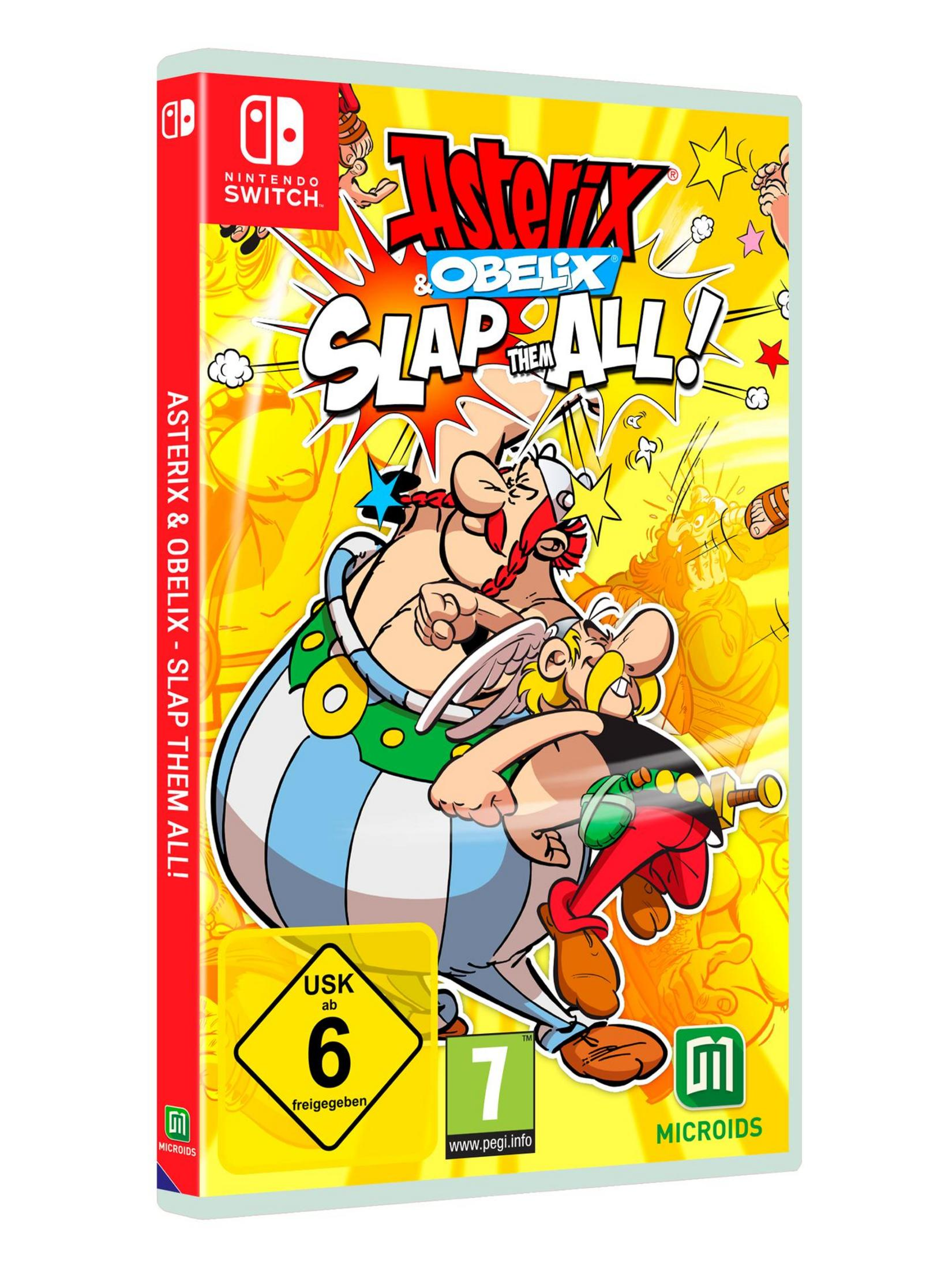 Asterix & Obelix: Slap Them All! Nintendo Switch Spielbox. Zeigt das Spiel-Logo und Charaktere.