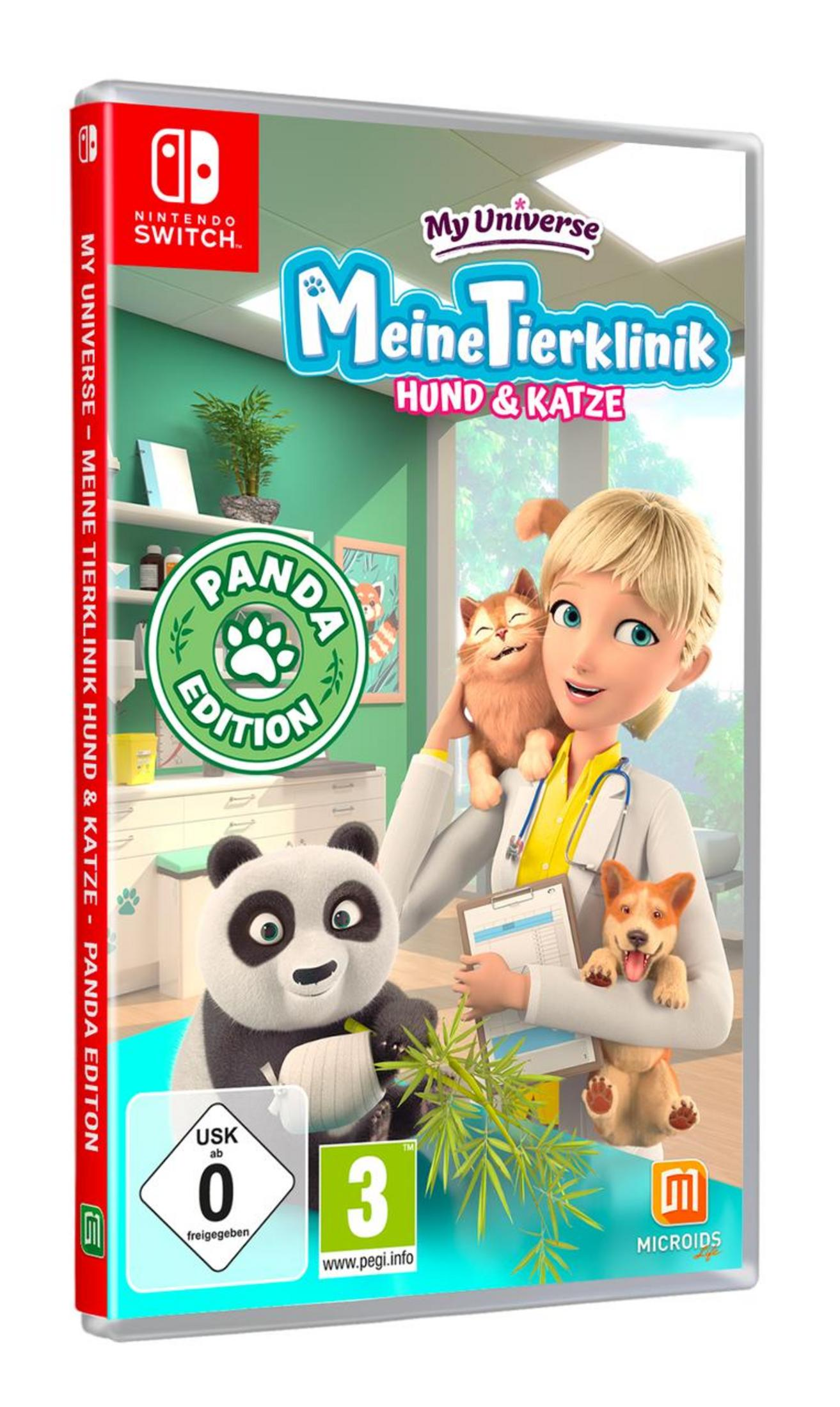 My Universe: Meine Tierklinik Spielhülle. Tierärztin mit Katze und Hund, Panda und Hund auf dem Cover.