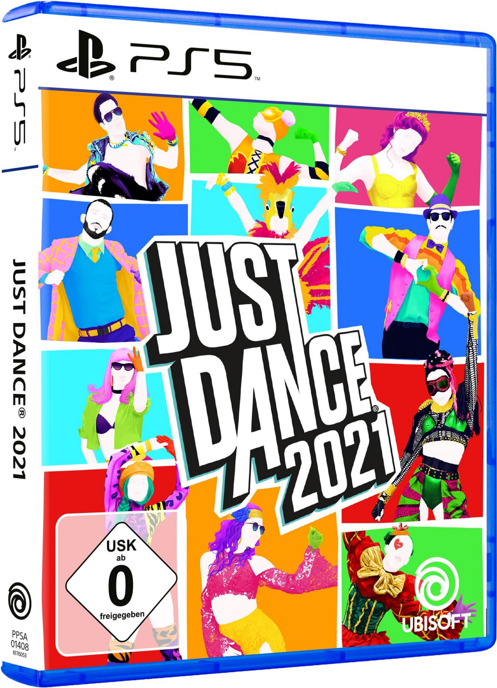 PS5-Spielbox: Just Dance 2021, mit farbenfrohen Tänzern in verschiedenen Posen.