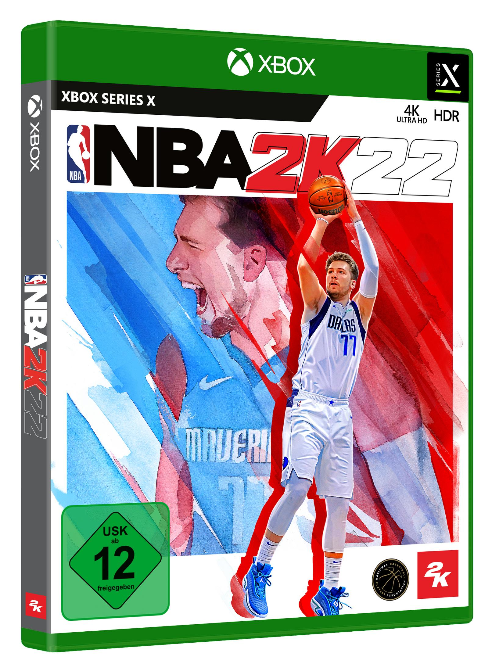 NBA 2K22 Spielbox. Basketballspieler, Action-Aufnahme, NBA-Logo, 2K-Logo, Xbox Series X.