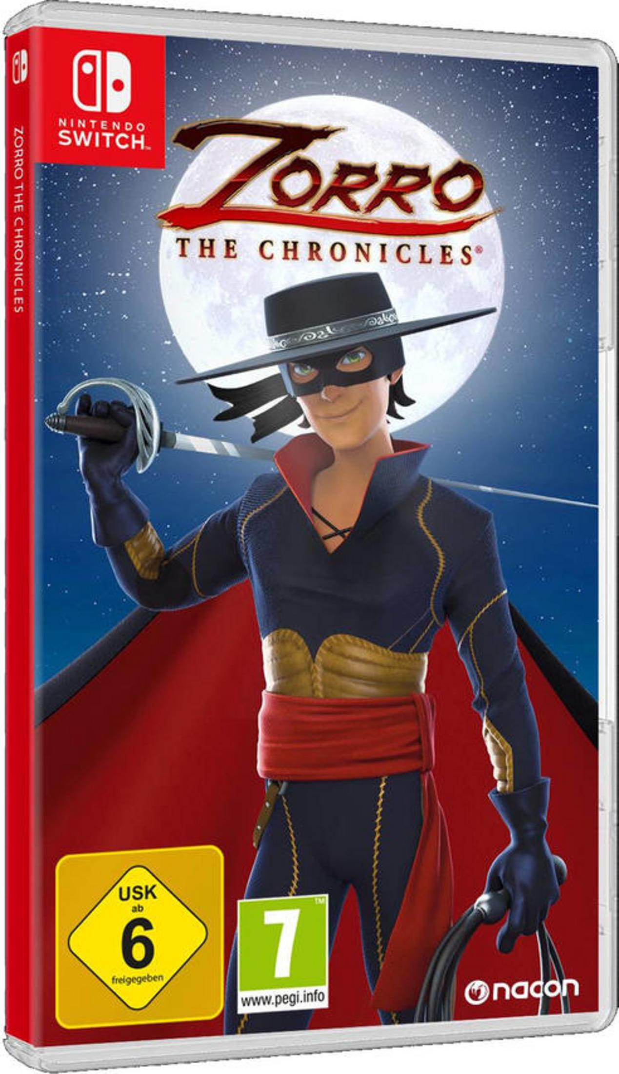 Nintendo Switch-Spielbox für Zorro: The Chronicles. Zorro mit Schwert auf dem Cover.