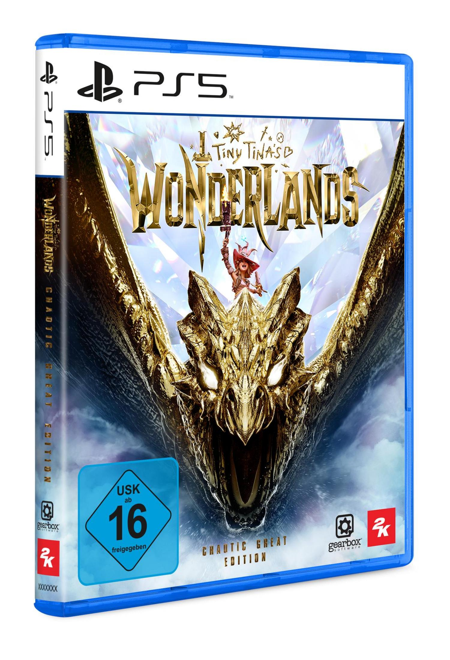 PS5-Spielhülle: Tiny Tina's Wonderlands. Drache auf dem Cover, Figur oben. Blaue Hülle.