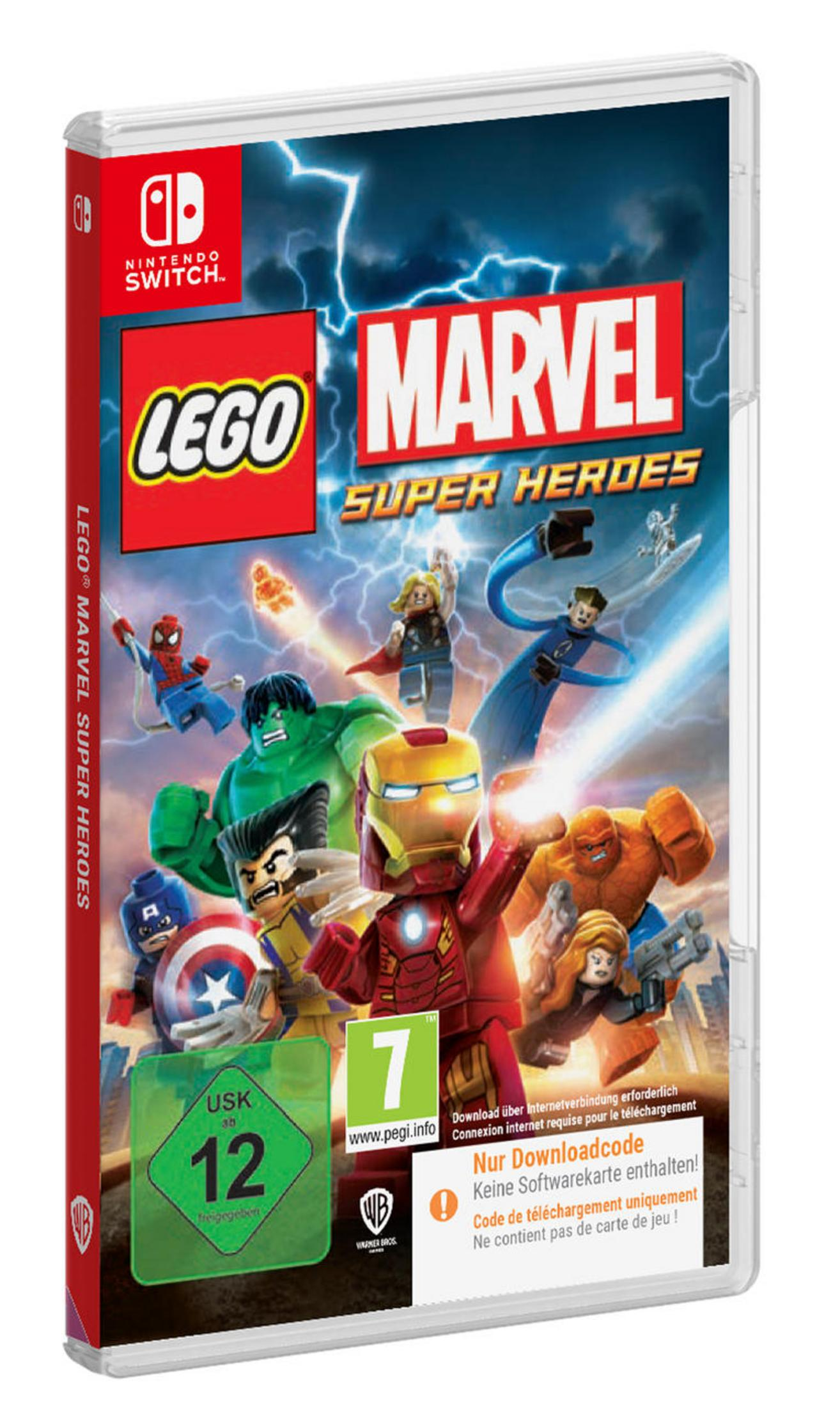 Etui do gry Lego Marvel Super Heroes na Nintendo Switch. Zawiera postacie Lego na okładce.