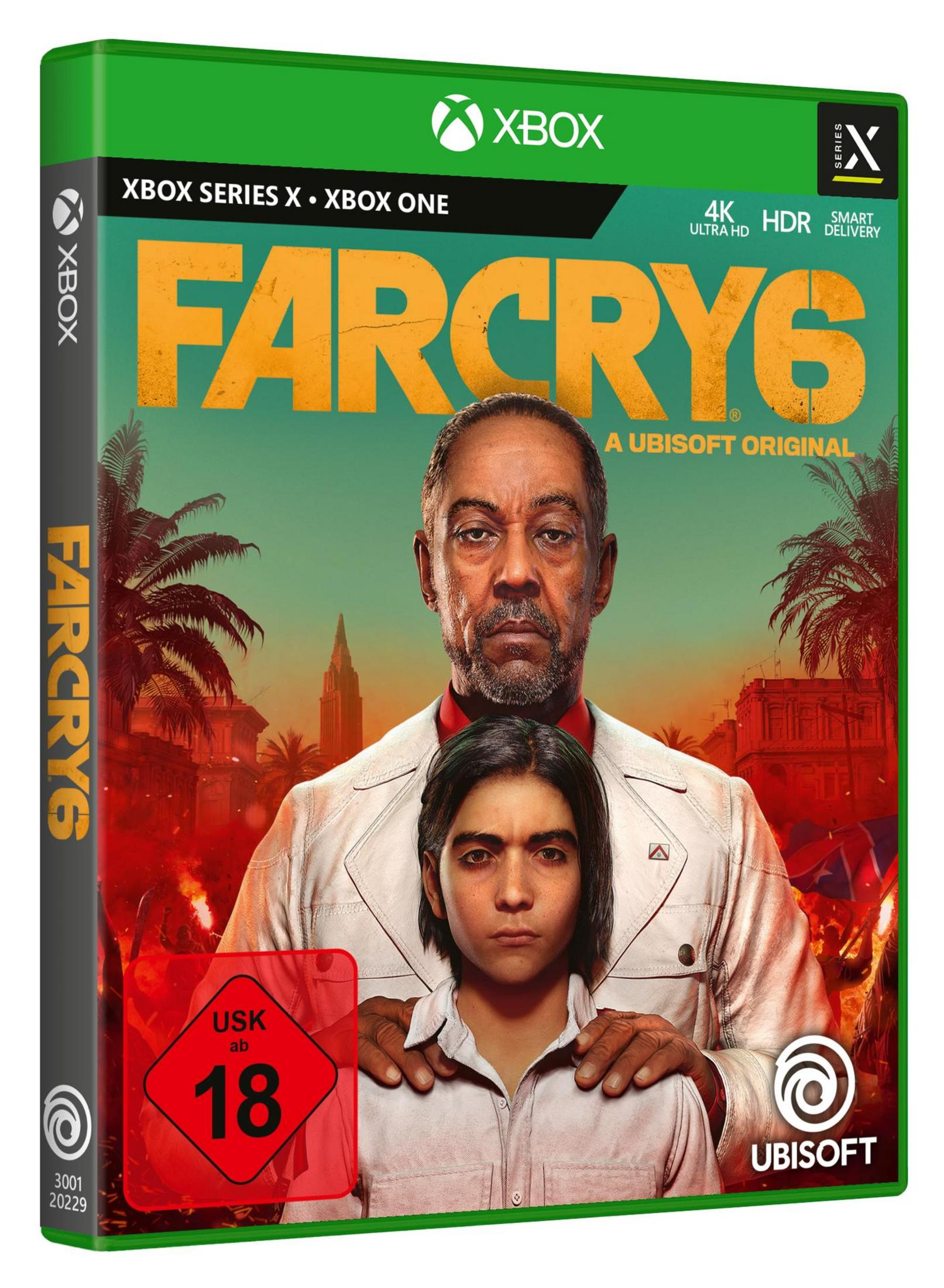 Okładka gry Far Cry 6 z mężczyzną i chłopcem. Etykieta USK 18. Zielone pudełko Xbox.