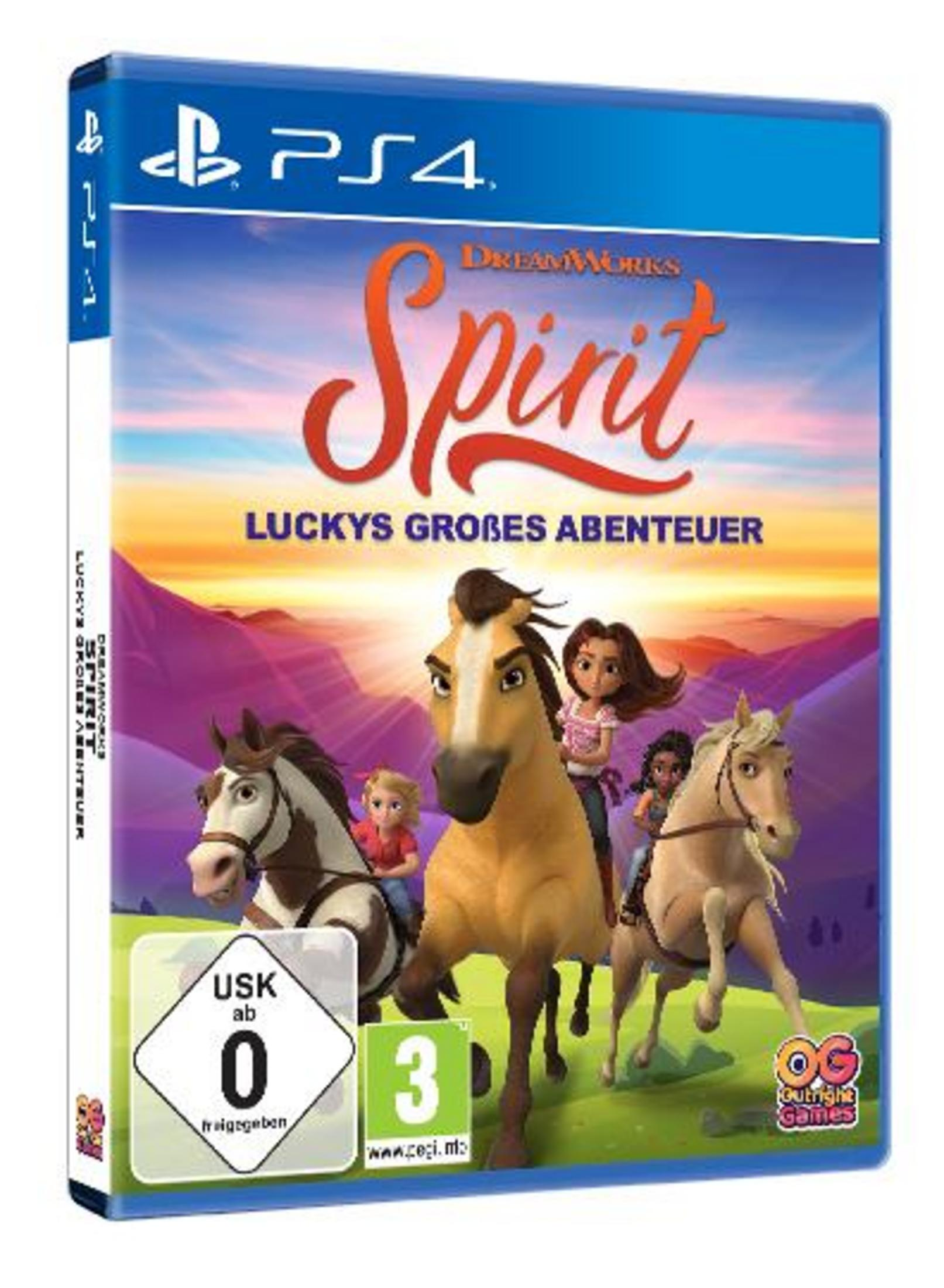 Spielbox von Spirit: Luckys großes Abenteuer. Zeigt Pferde und Kinder mit hellem Hintergrund.