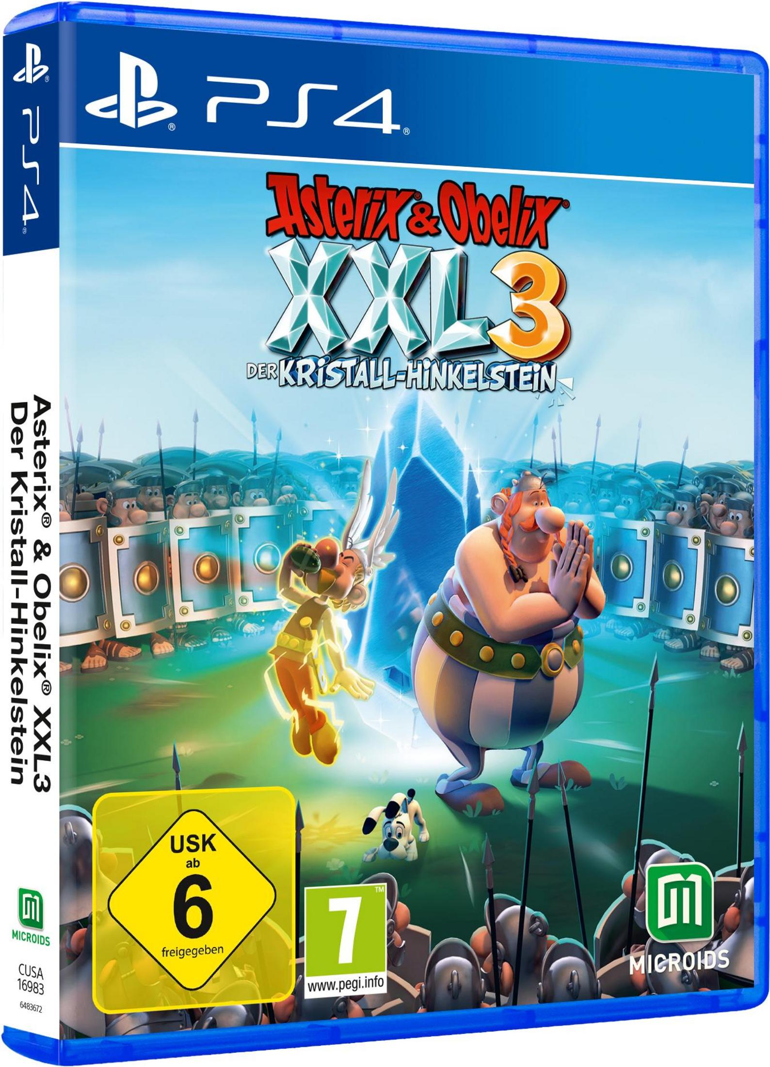PS4-Spielhülle, Asterix & Obelix XXL3. Enthält Zeichentrickfiguren und ein Rating-Label.