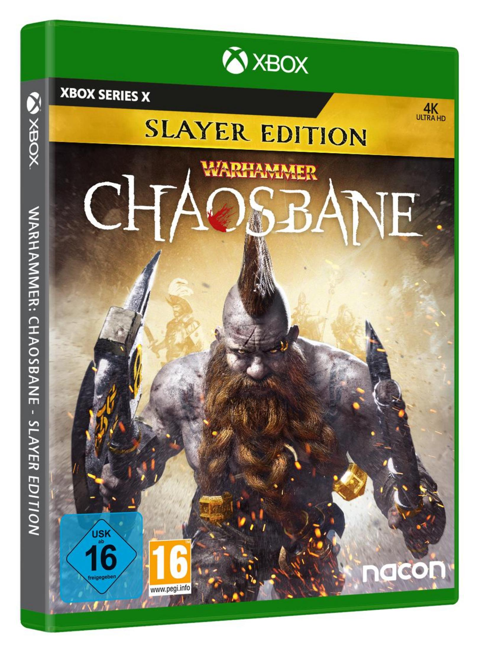 Xbox Series X-Spielbox: Warhammer: Chaosbane - Slayer Edition. Zeigt einen Zwergenkrieger.