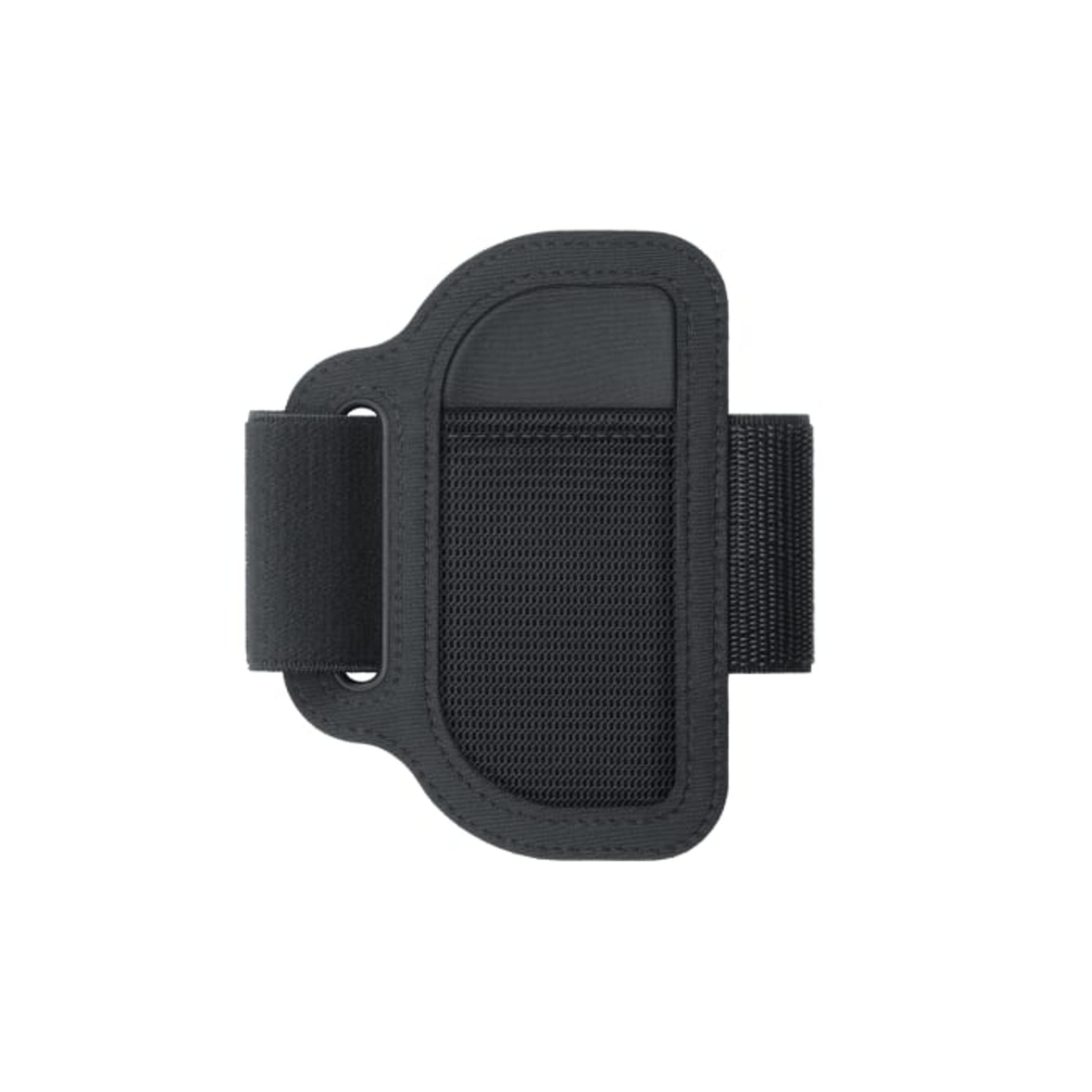 Zwarte armband voor een telefoon, met een gaasvak en klittenband, op een witte achtergrond.